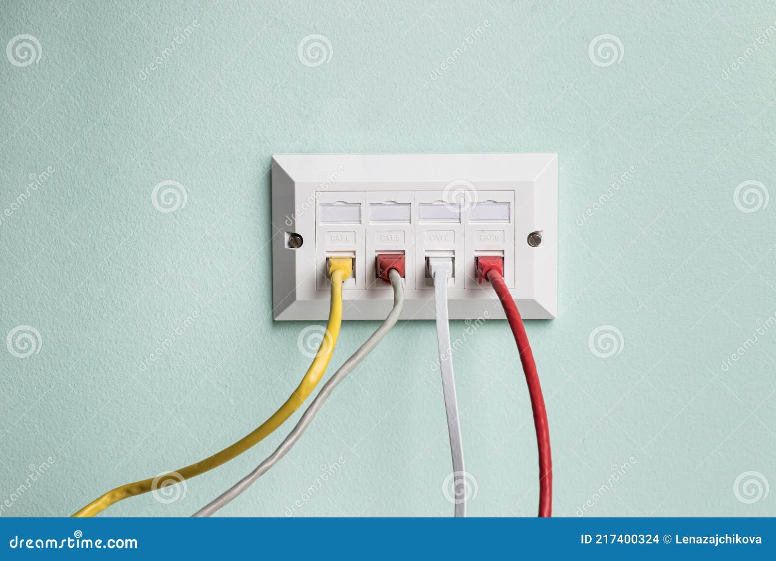 data cat6 double socket quad port faceplate with four network cables plugged in