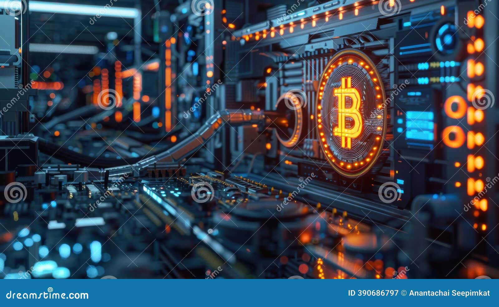 In a Data Center, a Detailed Close-up of Bitcoin Mining Hardware Showcases  the Complex Setup and Glowing Bitcoin Symbols Stock Illustration -  Illustration of data, assets: 390686797