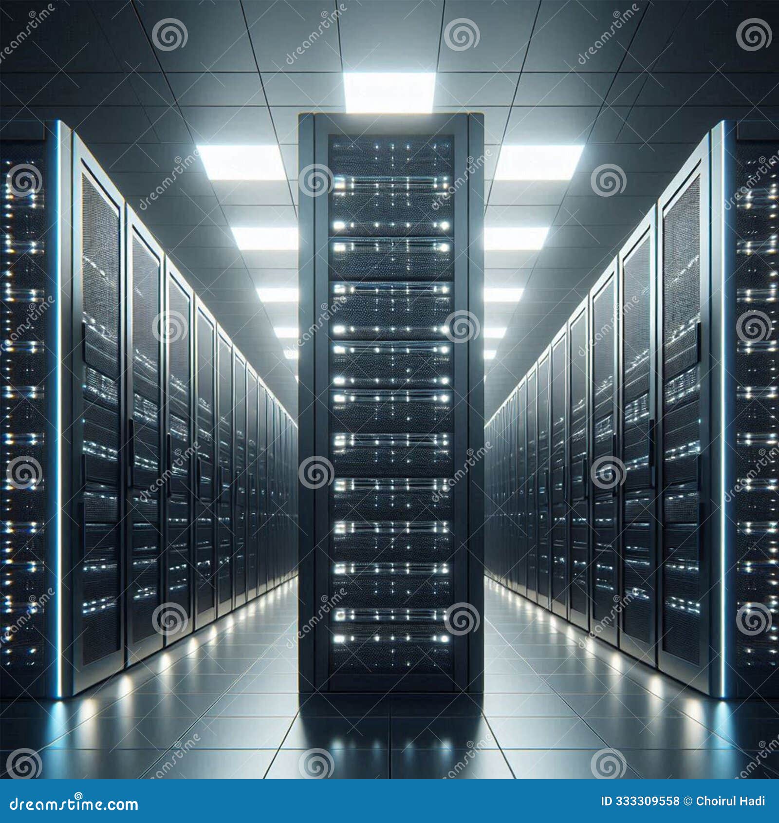 data centers filled with rows of servers that flicker on and off as a sign of constant processing.