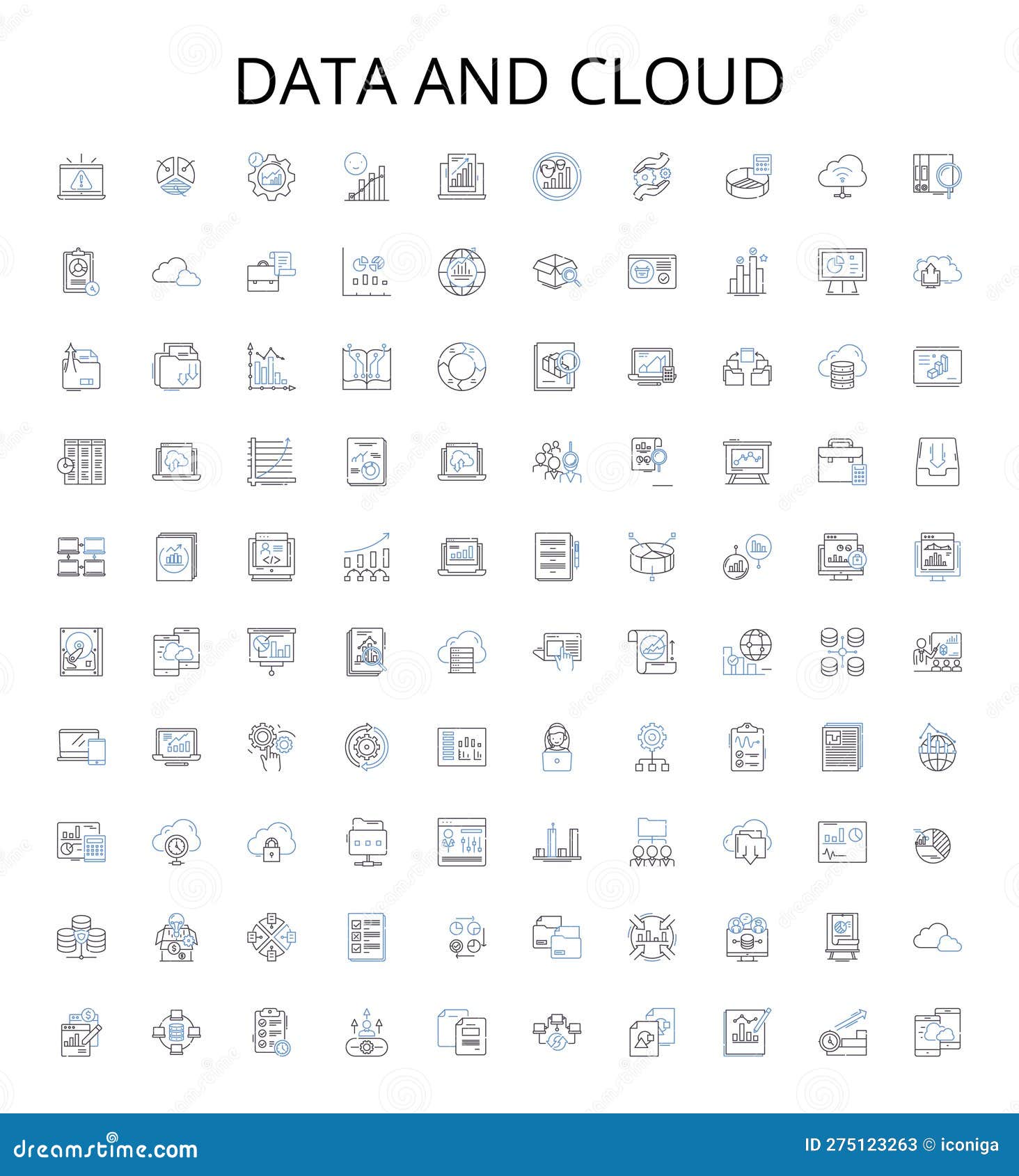 data and cloud outline icons collection. data, cloud, analytics, storage, security, computing, services 