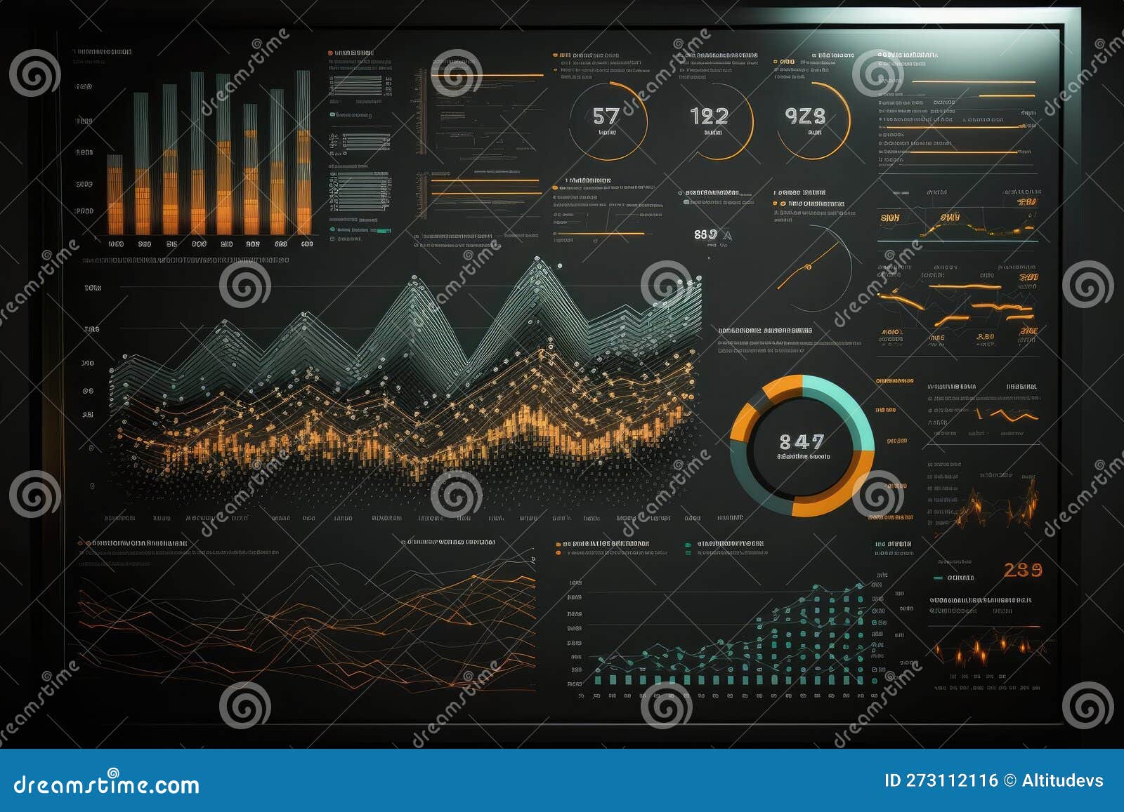 Data Mining Dashboard, with Charts and Graphs Showing Data Trends Stock