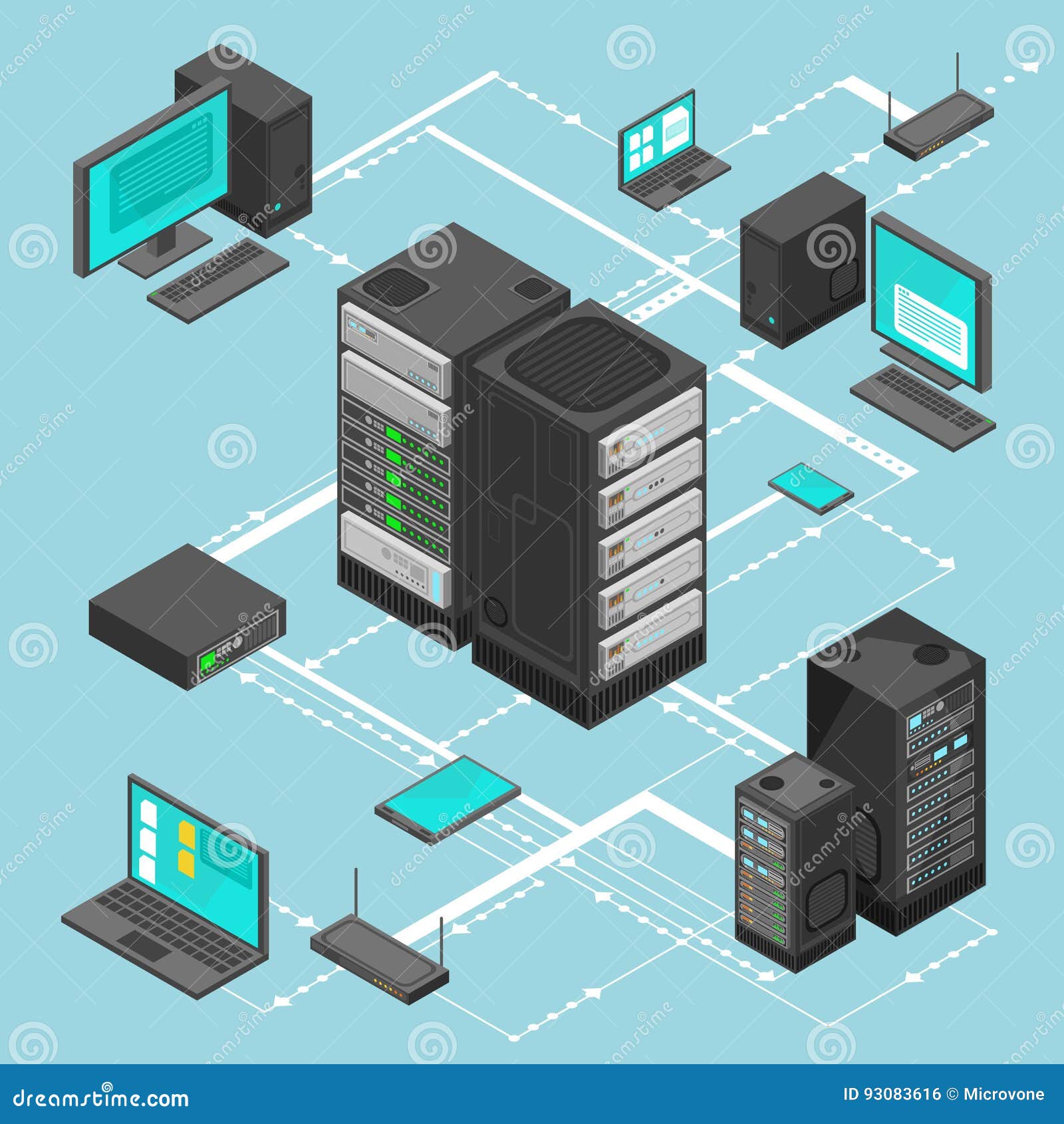 Data Network Management Vector Isometric Map with Business Networking