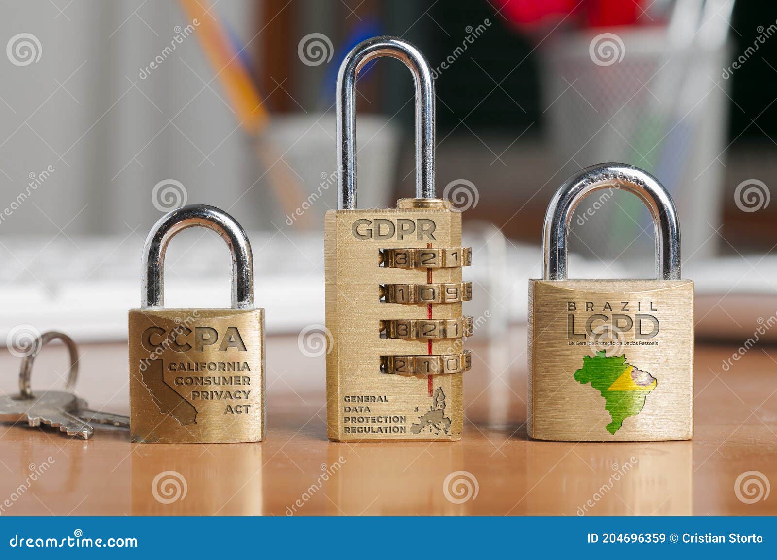 data protection laws concept: three locks shows the names of three data protection laws: california consumer privacy act, general
