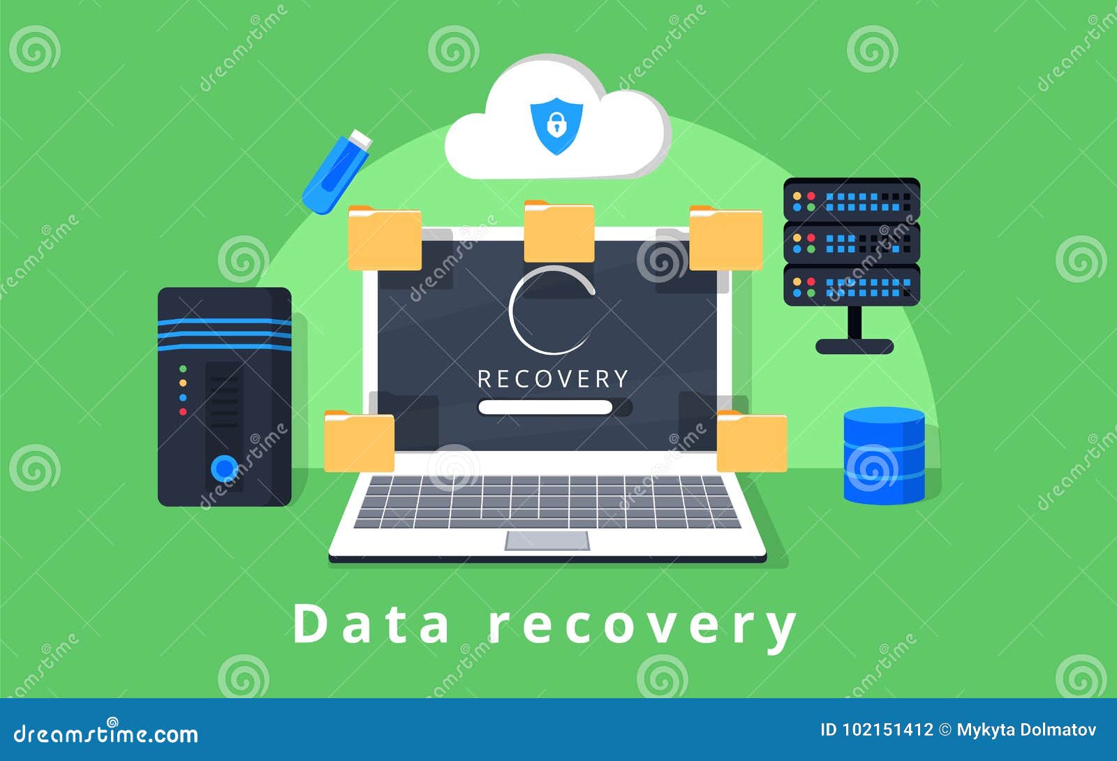 data recovery, data backup, restoration and security flat   with icons