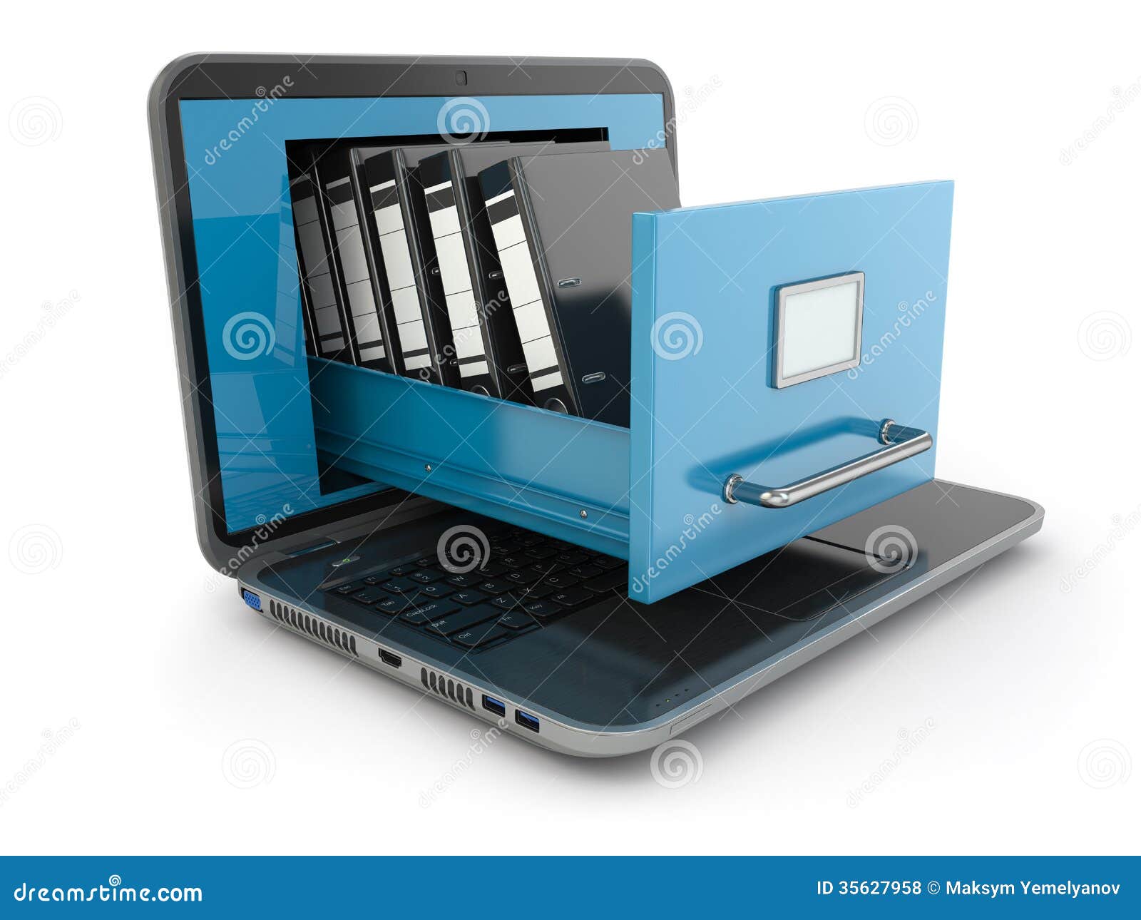 Data Storage Laptop And File Cabinet With Ring Binders Stock