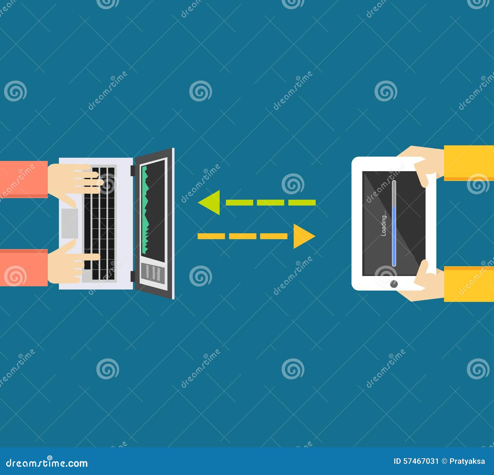 Data transfer concept. Communication between devices. Connection devices illustration. Flat design. Data transfer concept. Communication between devices Sending file concept illustration.n