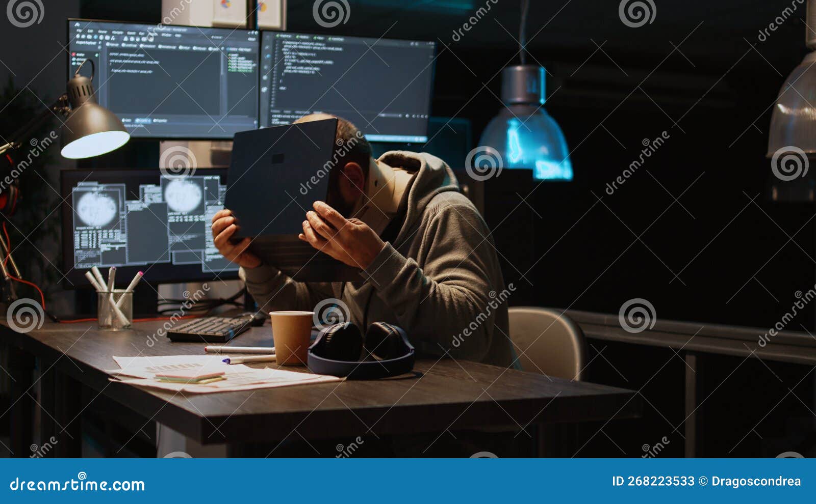 Database Admin with Neck Collar Foam Working on Code Developing Stock