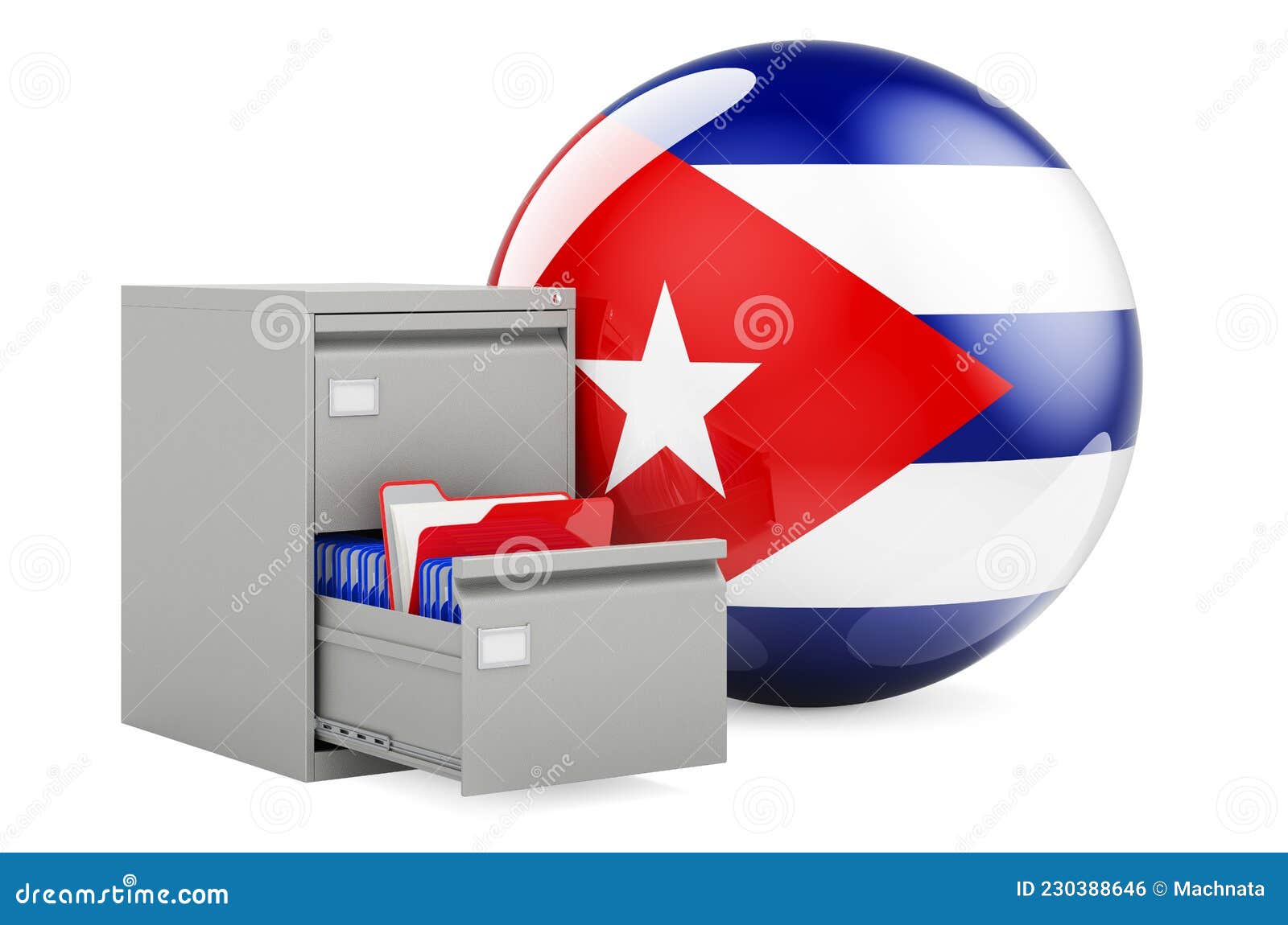 database in cuba, concept. folders in filing cabinet with cuban flag, 3d rendering