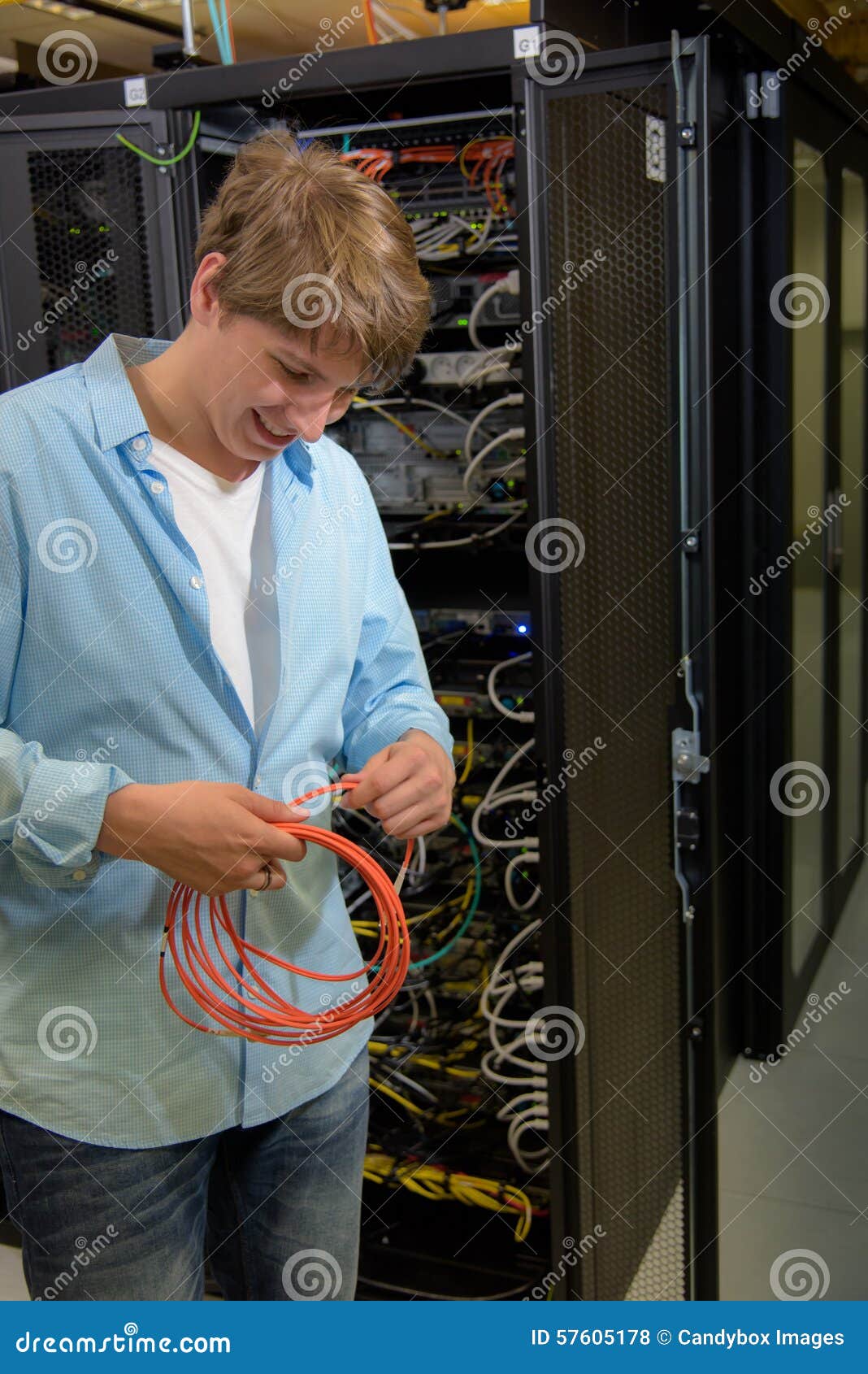 Datacenter Specialist Working with Optical Cable Stock Photo Image of