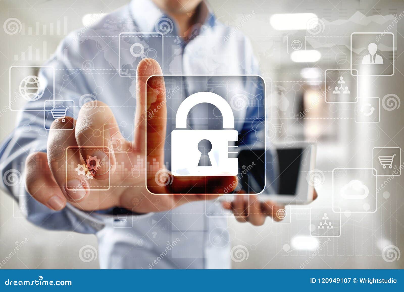 Dataskydd, Cybersäkerhet, informationssäkerhet och kryptering internetteknologi och affärsidé Faktisk skärm med hänglåssymboler