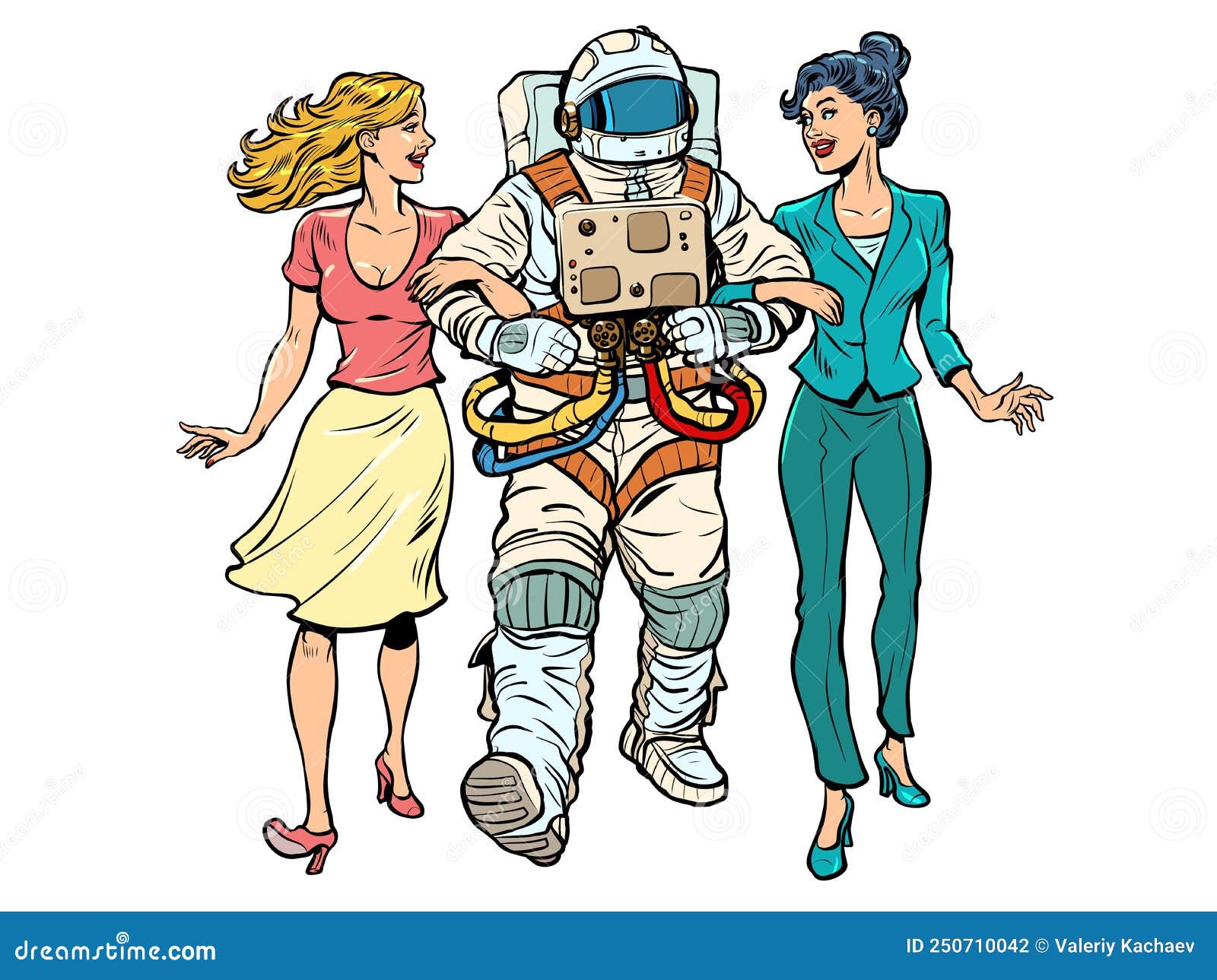 date. a astronaut with two girls. unconventional marriage. friends are walking