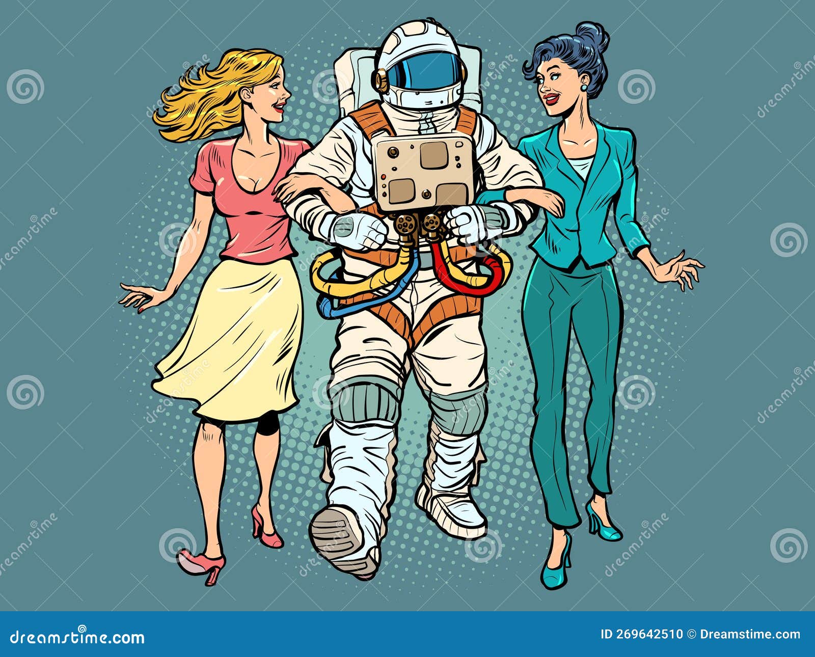date. a astronaut with two girls. unconventional marriage. friends are walking