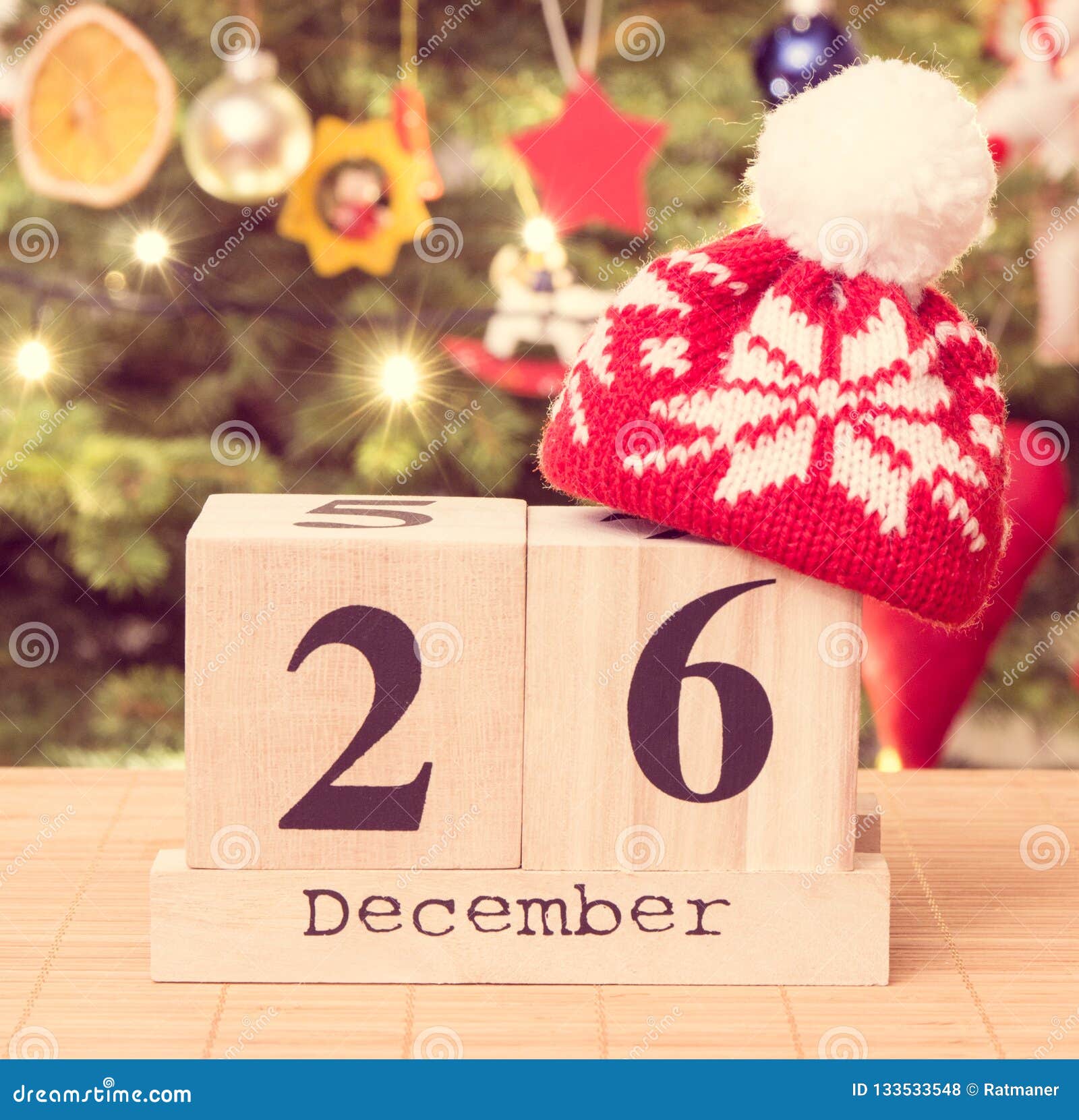 Date 26 December With Cap And Festive Tree With Decoration In