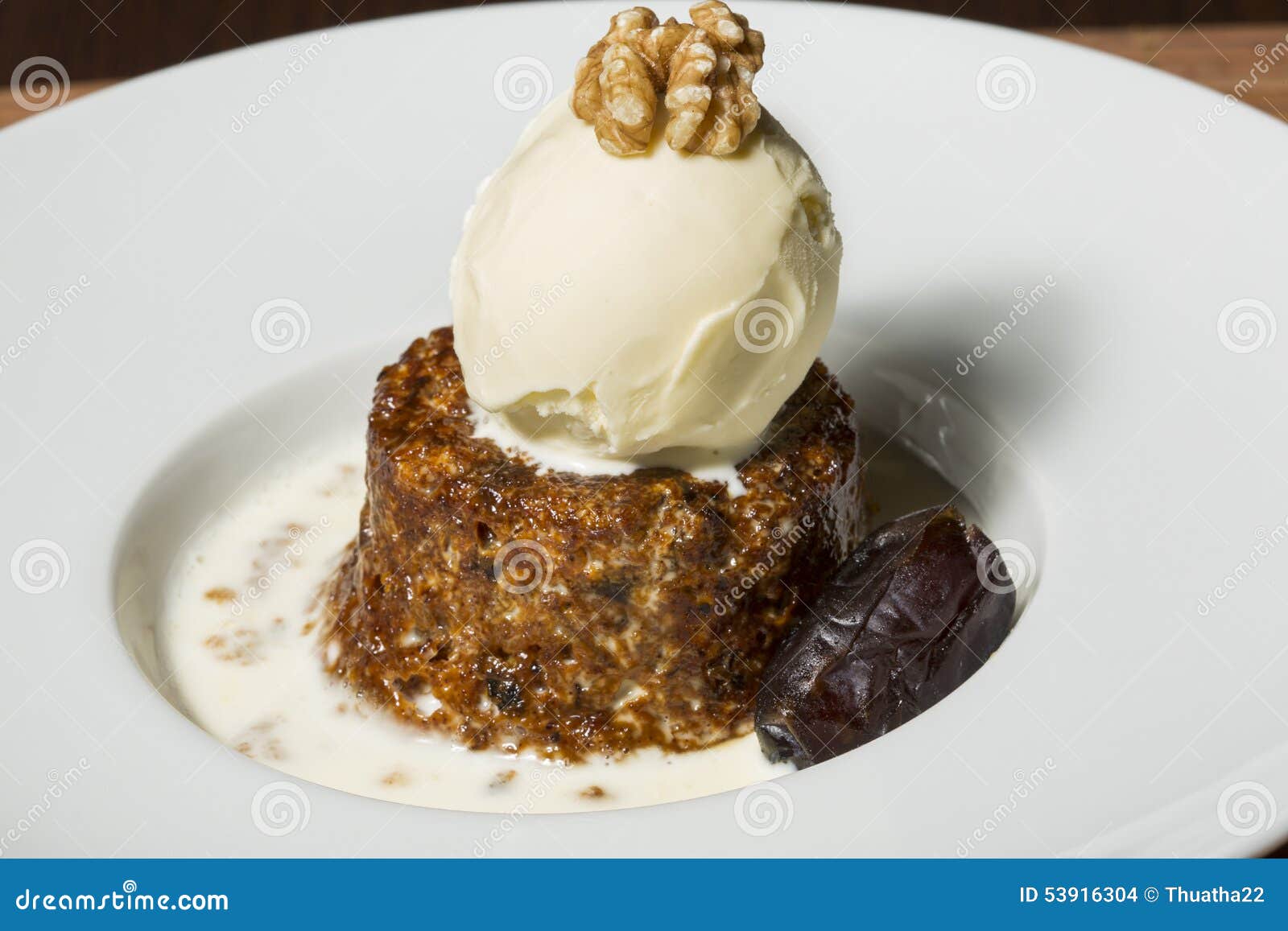 Date and Walnut Dessert with Vanilla Ice Cream Stock Photo Image of