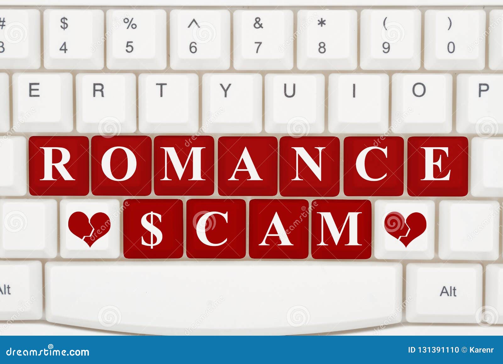 Dating scams on the internet, A close-up of a keyboard with red highlighted...