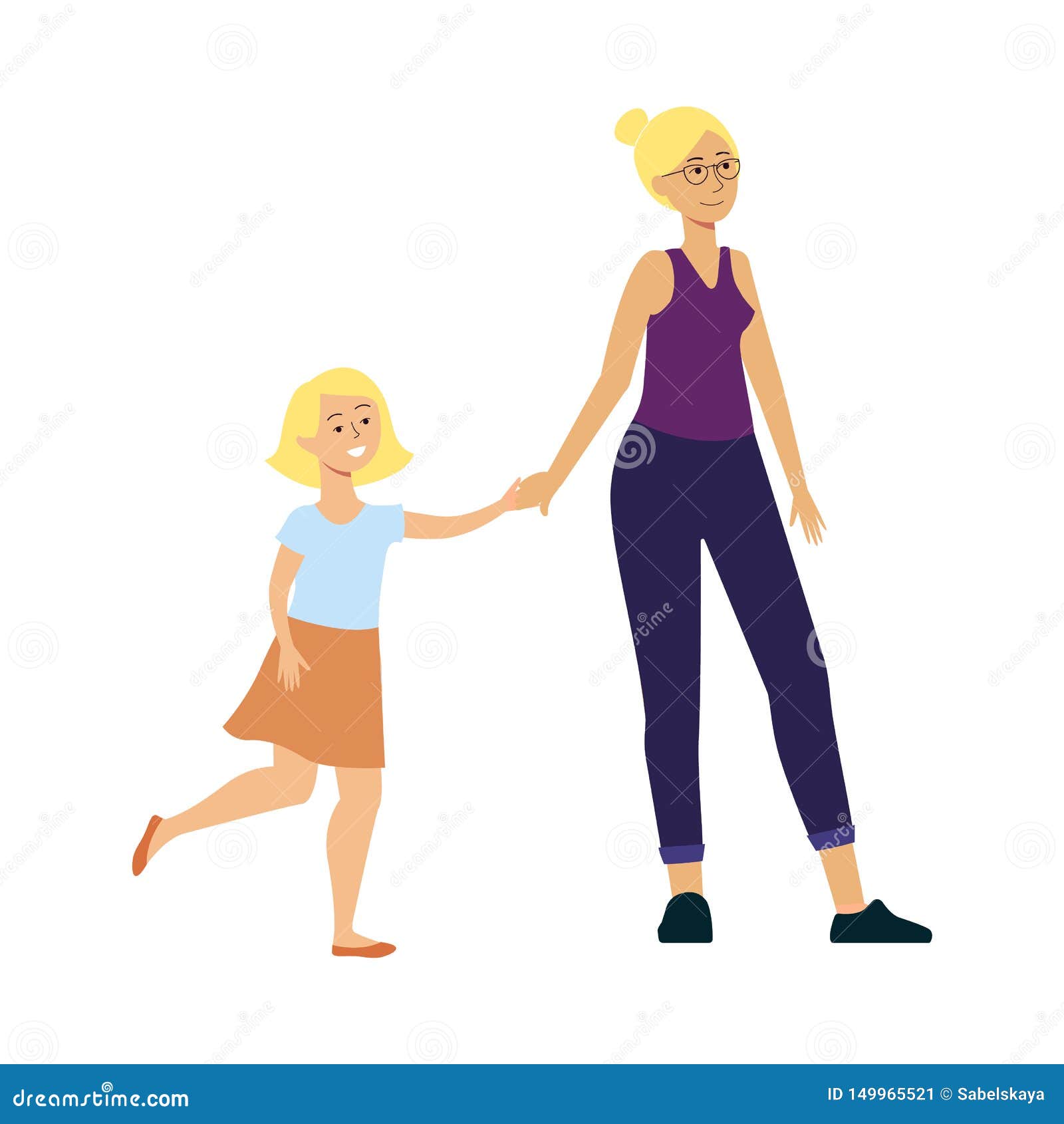 Daughter and Mother Walking and Smiling, Happy Cartoon Character Family  Spending Time Together. Stock Vector - Illustration of little, clothes:  149965521