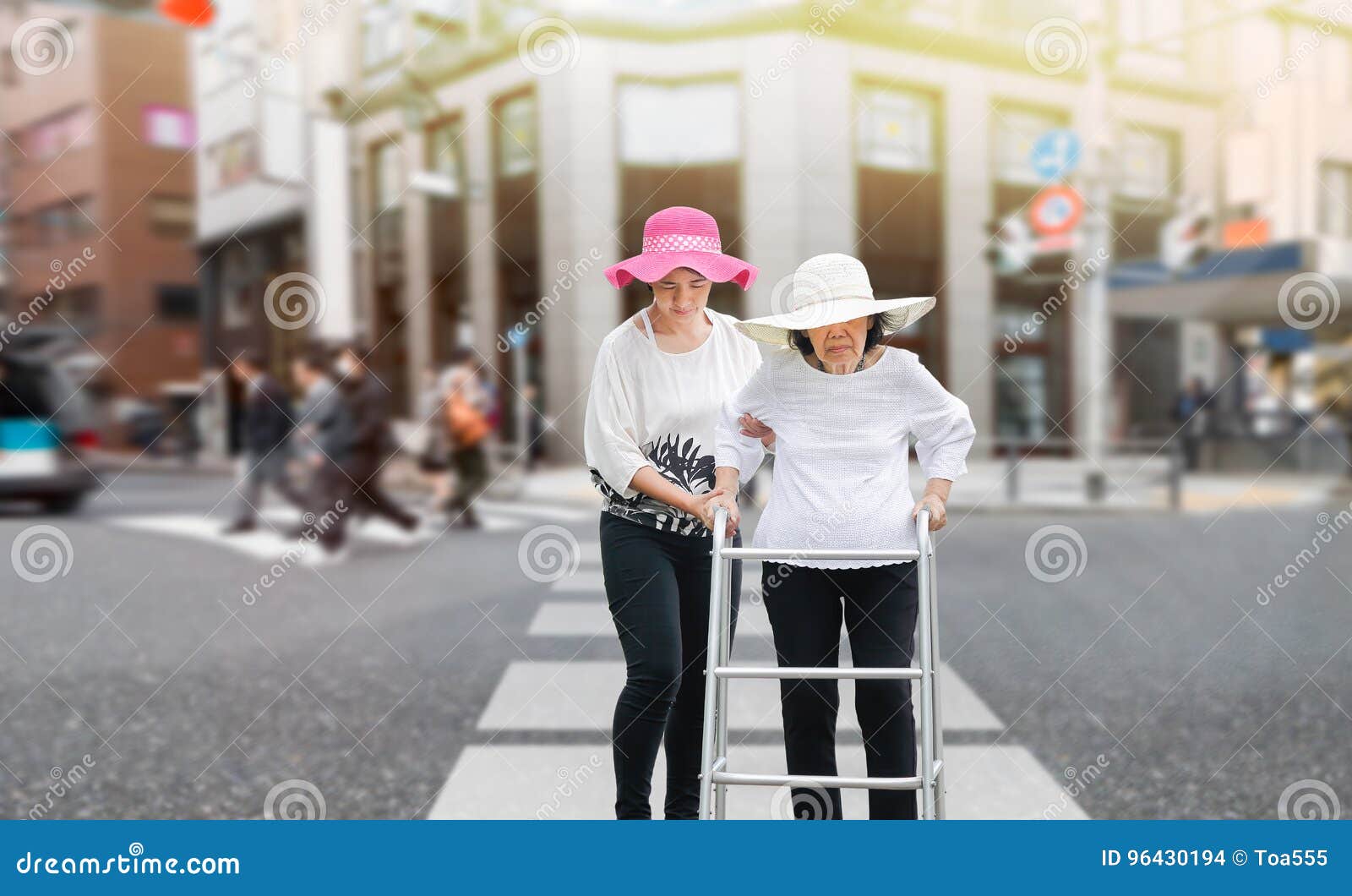 Daughter Take Care Elderly Woman Walking Across The Street Stock Photo Image Of Life City
