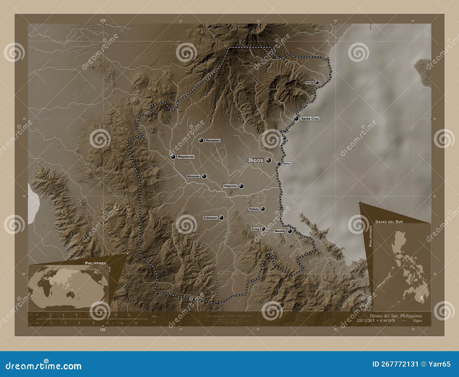 Davao Del Sur Philippines Sepia Labelled Points Of Cities Stock