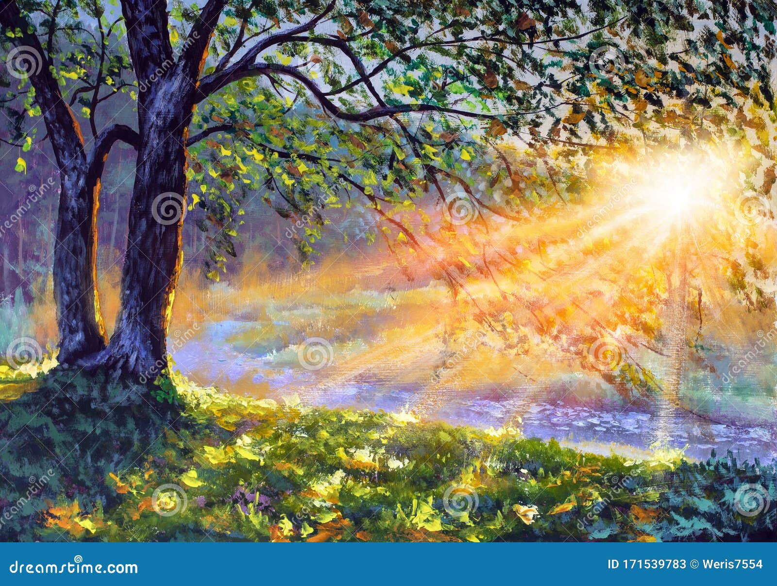 Dawn Sunset By River. Morning In Forest On Pond Water. Beautiful Landscape Acrylic Watercolor Oil Painting Stock Image - Image Of Forest, Rays: 171539783