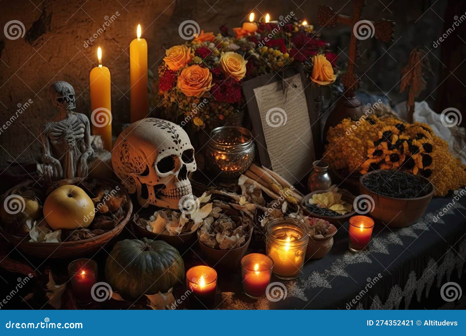 Day of the Dead Altar, Filled with Offerings for the Deceased Stock