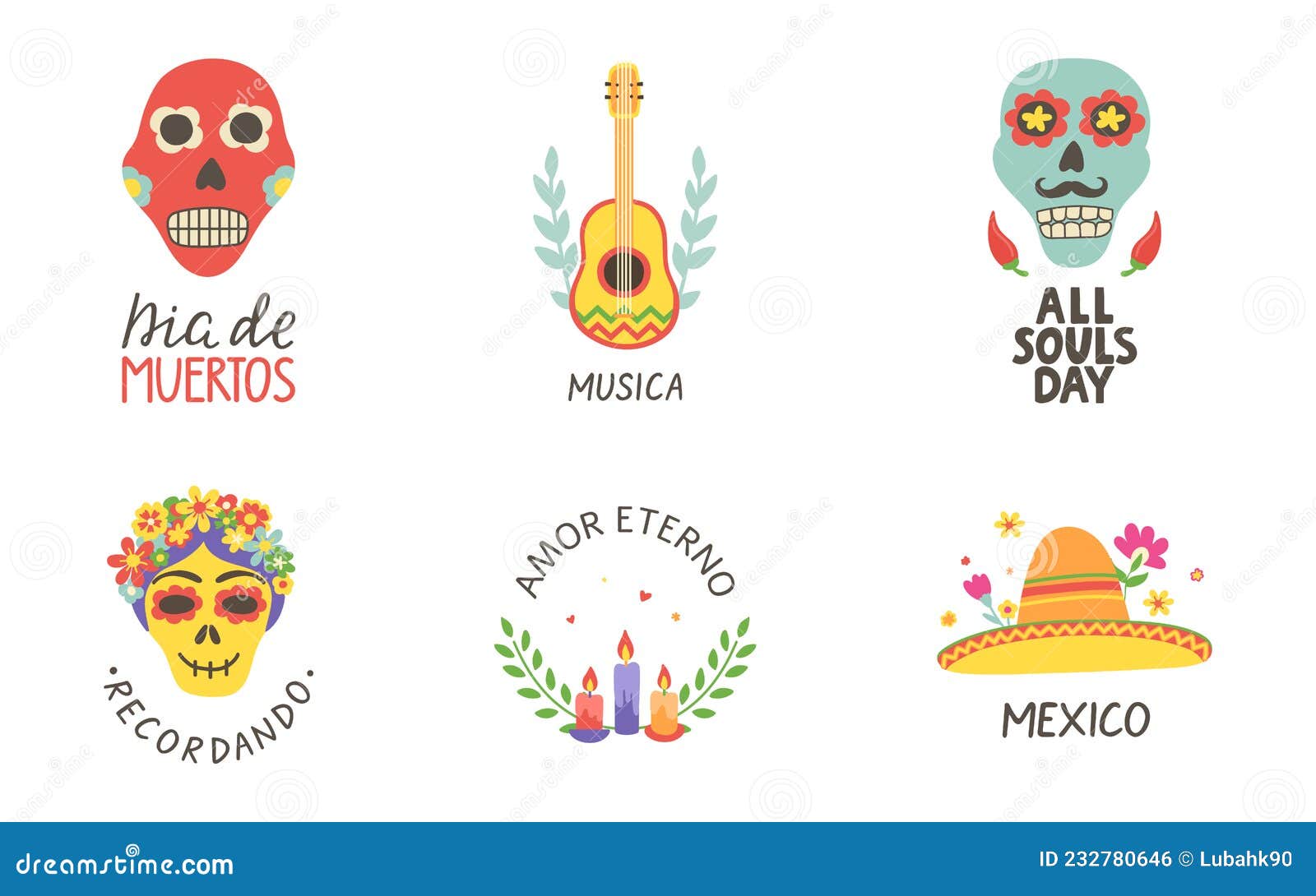 day of the dead cards set. dia de muertos hand lettering with skull print. mexico icon with sombrero and flowers