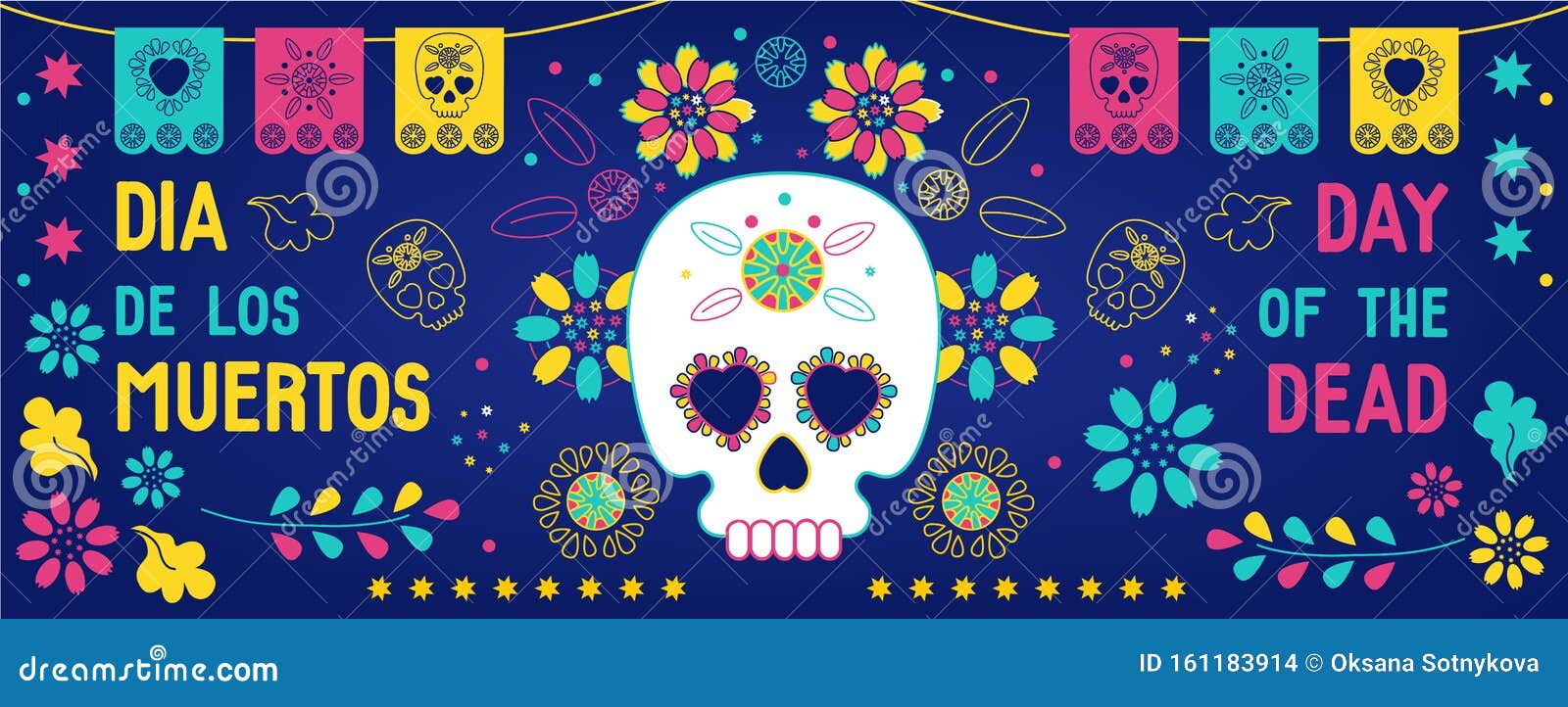 10x6.5ft Dia De Los Muertos Backdrop for Mexican Fiesta Day of The Dead Photography Background Cartoon Grinning Skull Flowers Illustration Fiesta Carnival Makeup Party Banner
