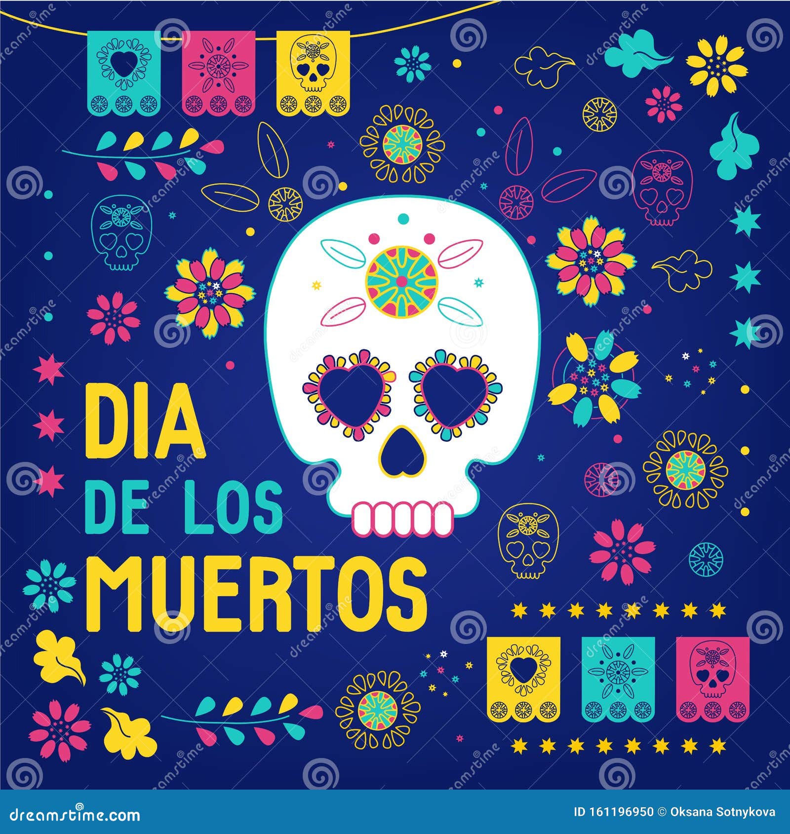 Day of the Dead, Dia De Los Muertos Blue Background, Square Banner, Greeting Card. Vector Illustration with Sugar Skull or Stock Vector - Illustration of dead, banner: 161196950