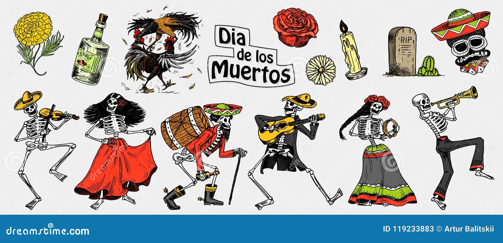 day of the dead. mexican national holiday. original inscription in spanish dia de los muertos. skeletons in costumes