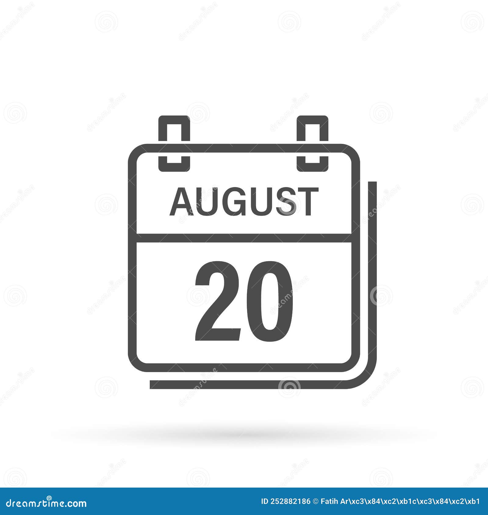 August 20, Calendar Icon with Shadow. Day, Month. Flat Vector