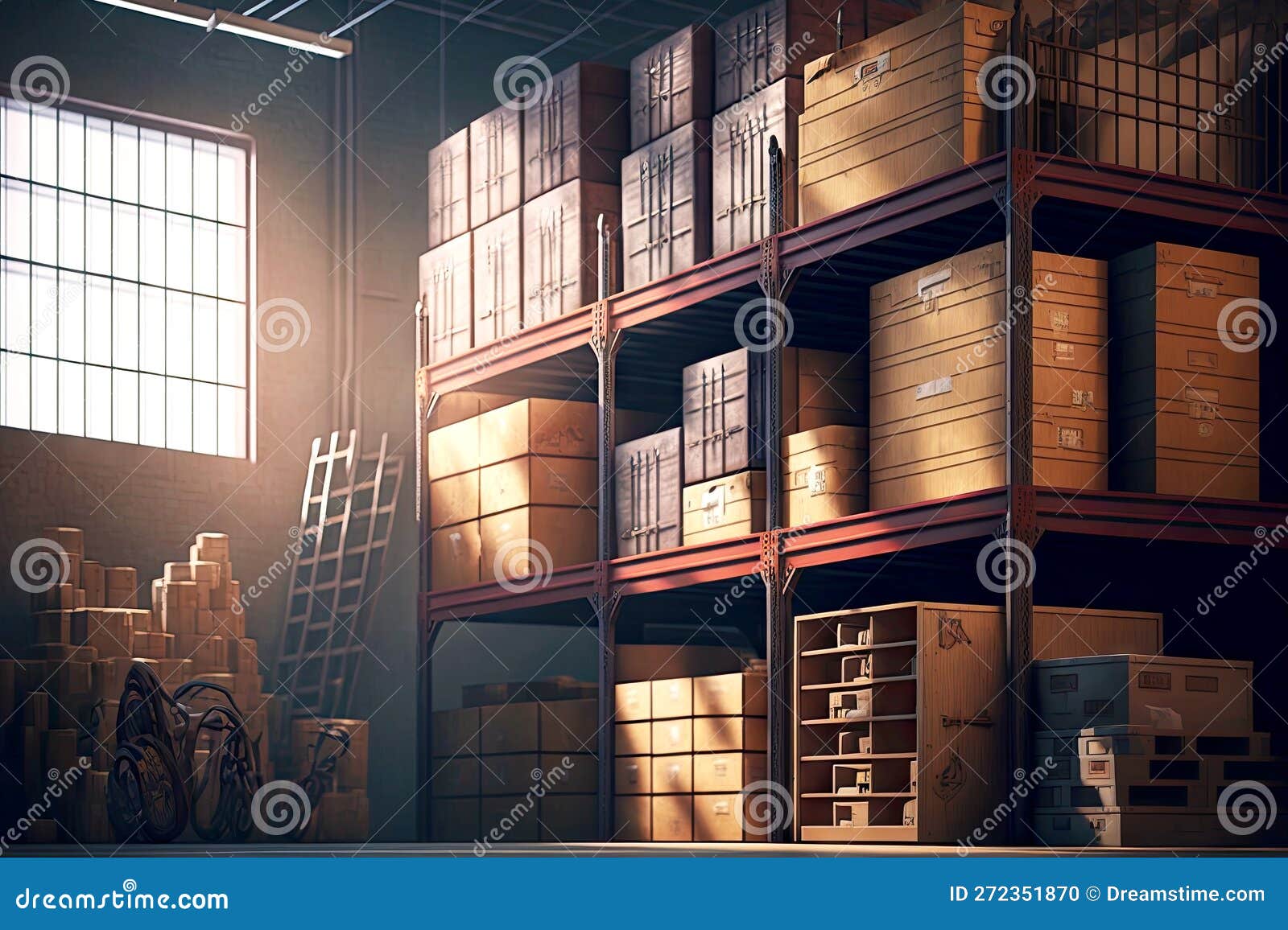 Daylightlit Racks with Boxes and Case in Warehouse Stock Illustration