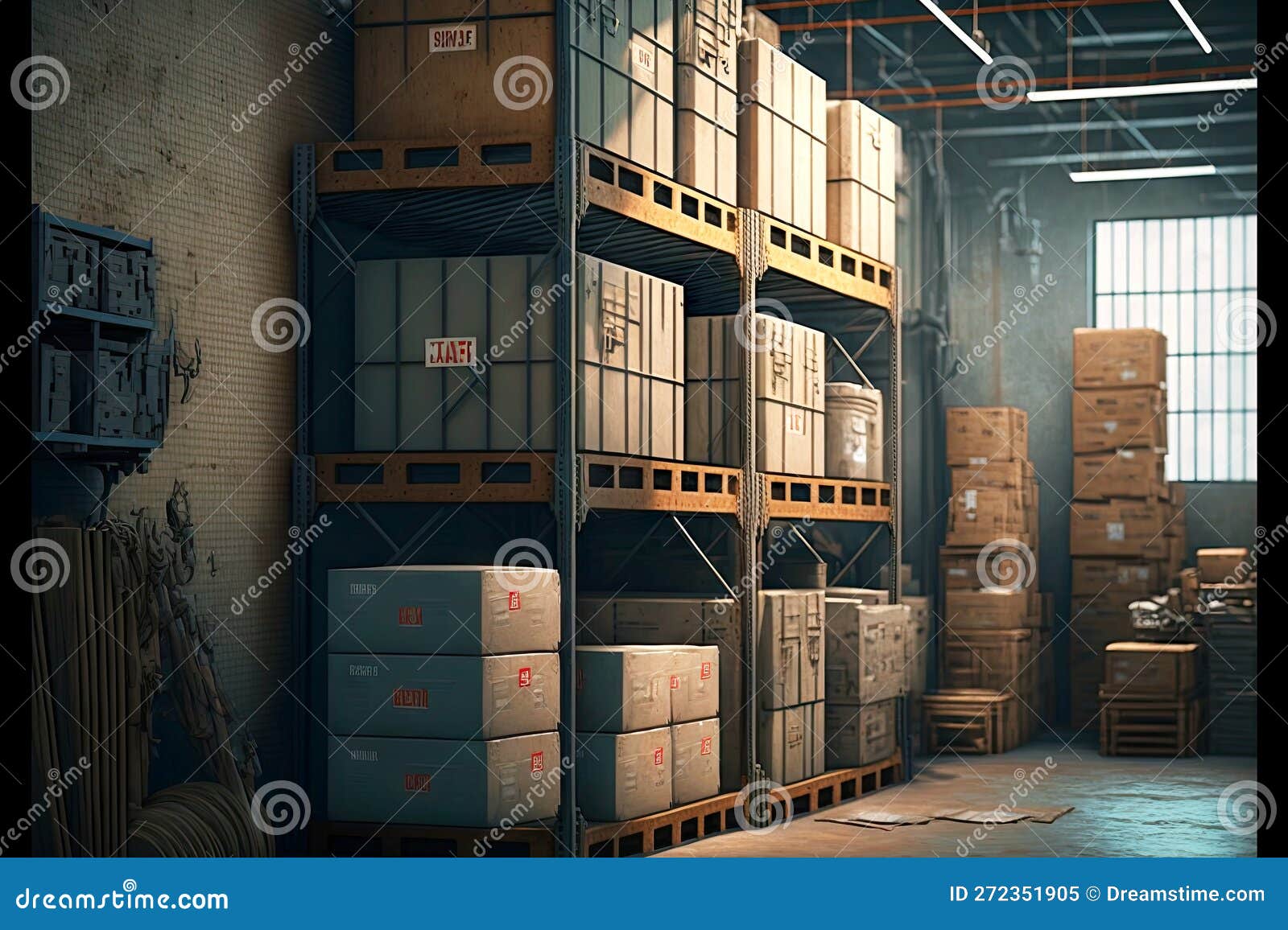 Daylightlit Racks with Boxes and Case in Warehouse Stock Illustration