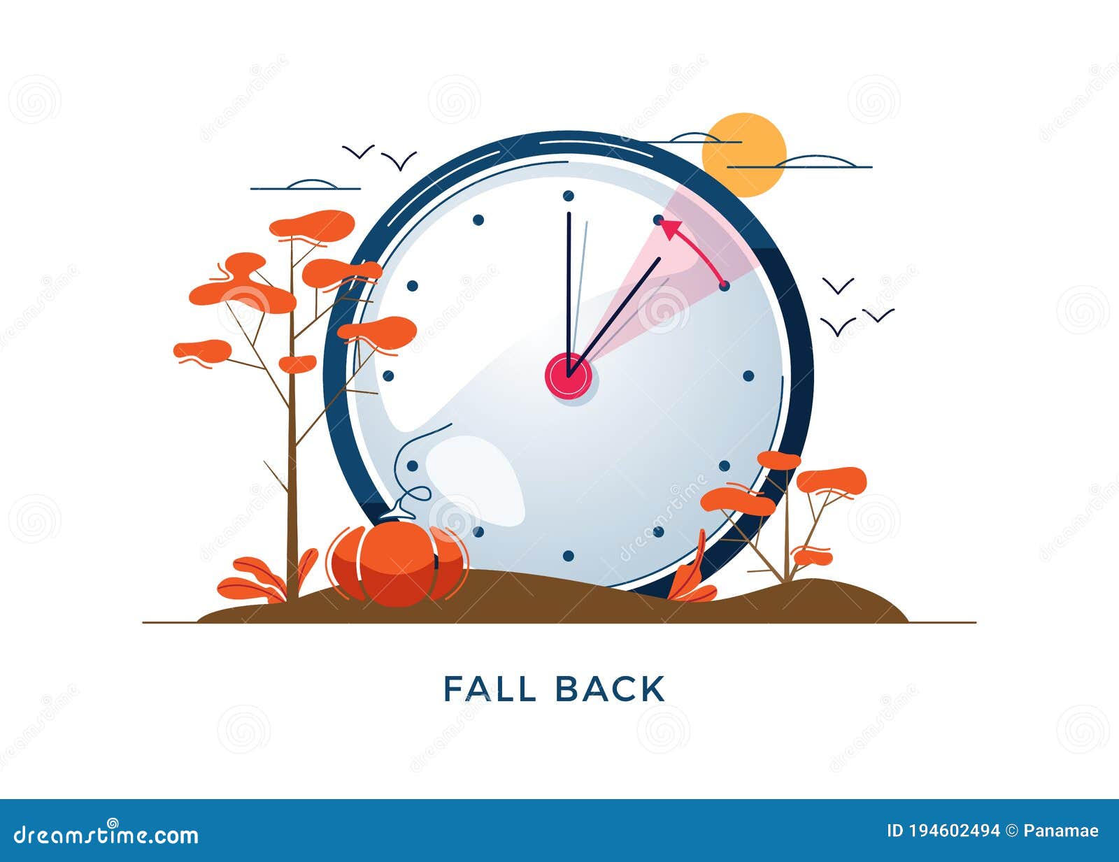 Daylight Saving Time ends concept. The hand of the clocks turning to winter  and summer time. Vector illustration in modern flat style design. Stock  Vector