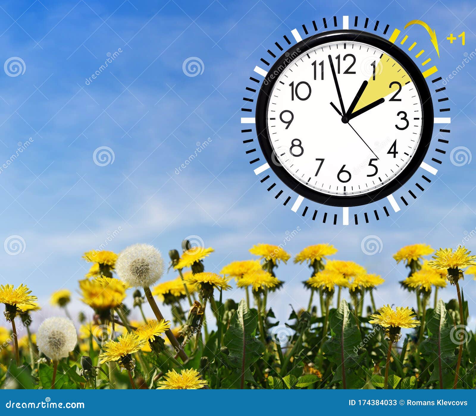 Daylight Saving Time DST Wall Clock on Spring Landscape. Turn Time