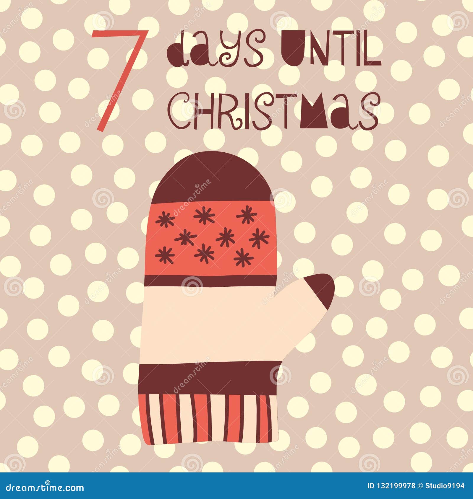 7 days until christmas  . christmas countdown seven days til santa. vintage scandinavian style. hand drawn