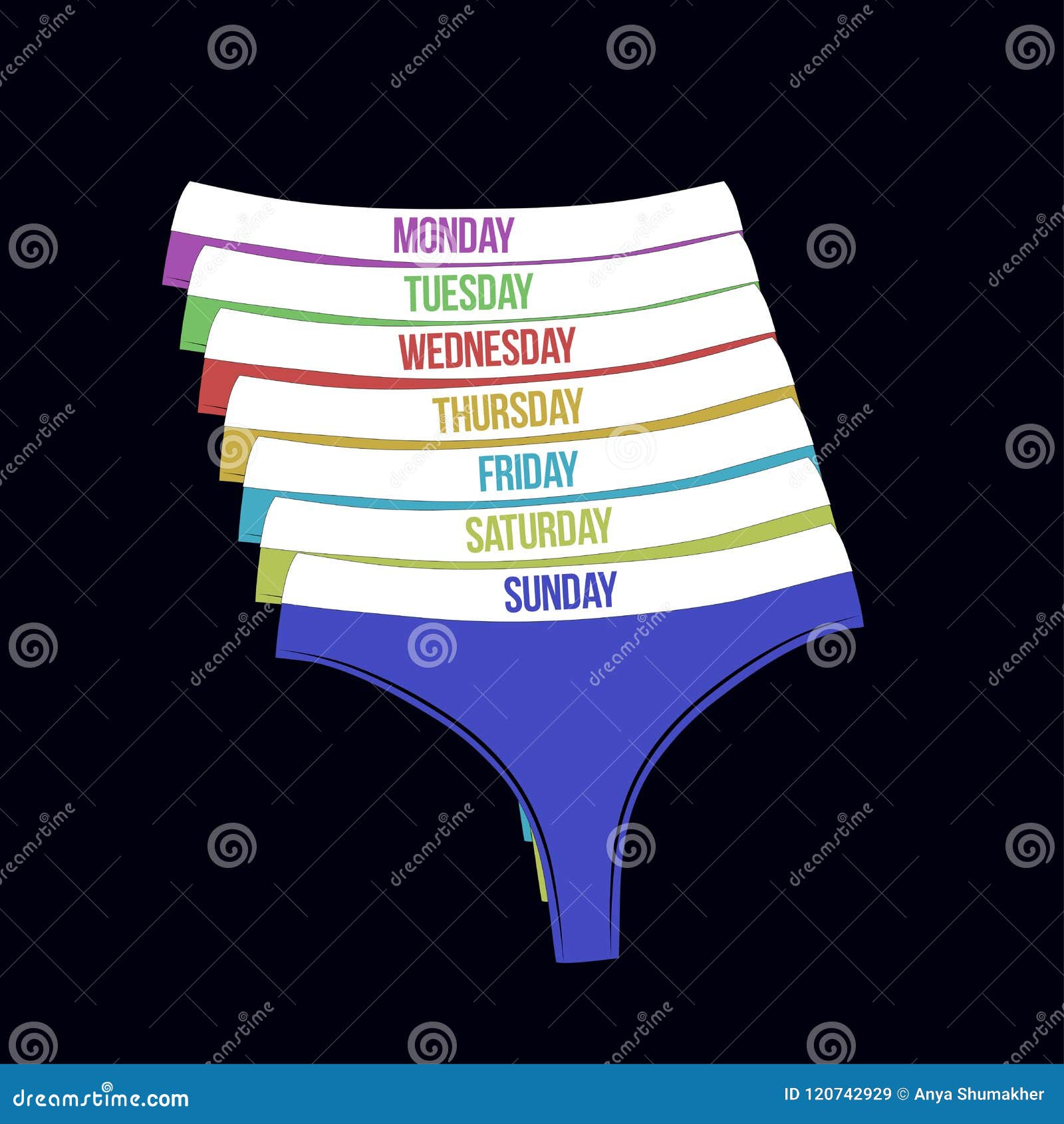 Days of the Week Woman Panties Set. Different Colors Cute Thongs Isolated  on Black Background. Stock Illustration - Illustration of drawers, female:  120742929