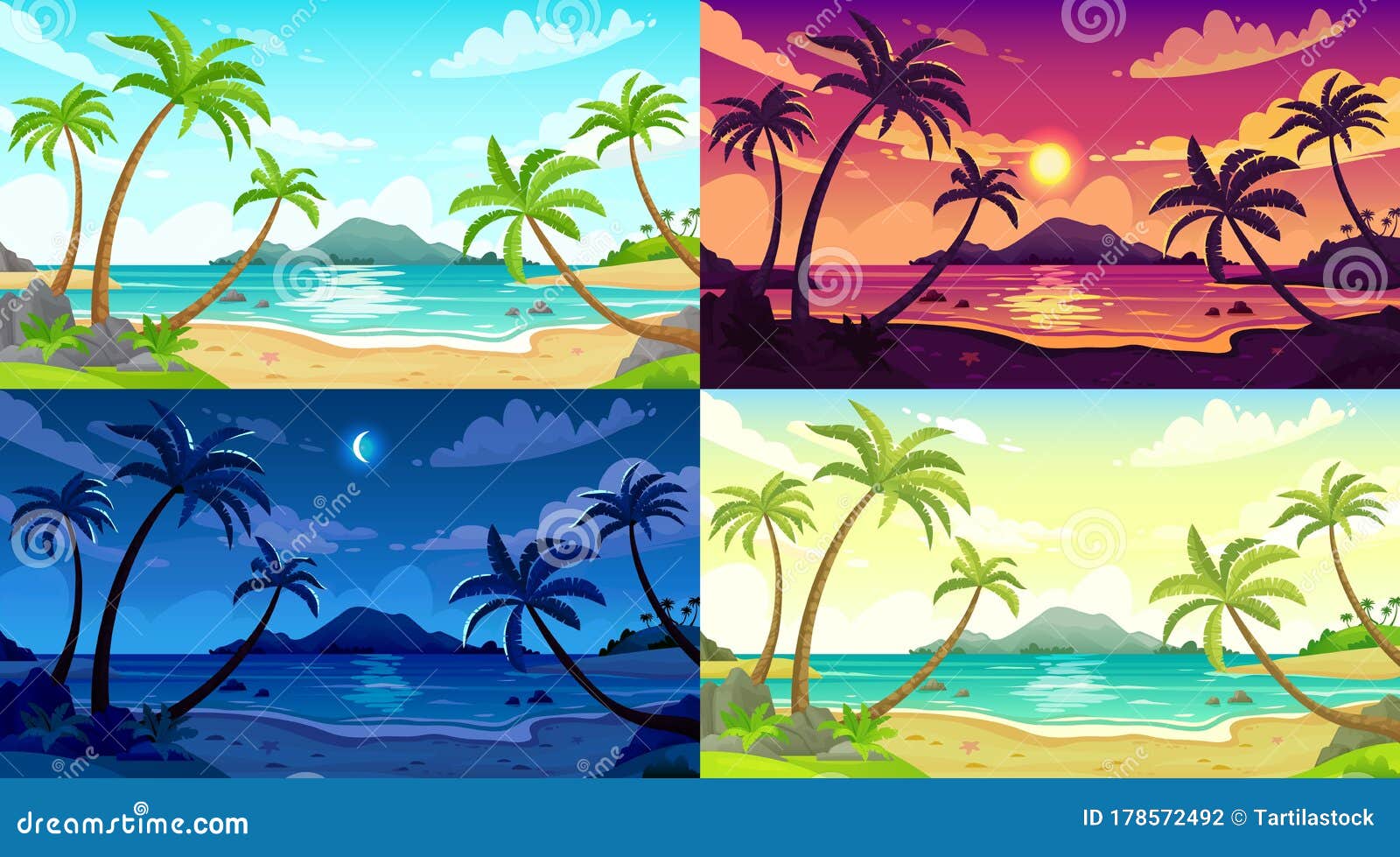 Daytime Beach Landscape. Sunny Day Seascape, Night Ocean and Sunset Beach Cartoon Vector Illustration Set Stock Vector - Illustration of land, natural: 178572492 Daytime Beach Landscape. Sunny Day Seascape, Night Ocean and Sunset Beach Cartoon Vector Illustration Set Stock Vector - Illustration of land, natural: 178572492
