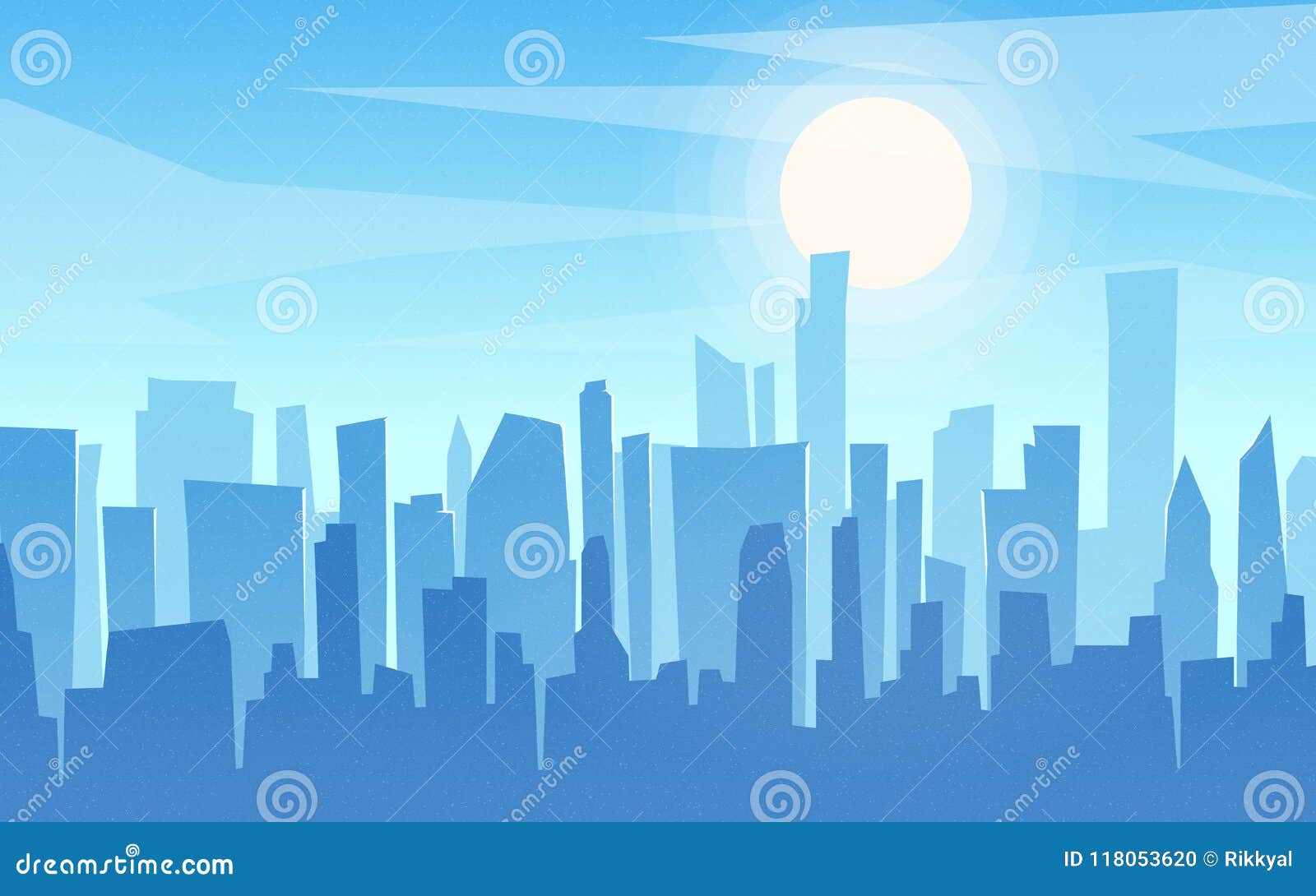 daytime cartoon flat style cityscape, skyline, skyscrapers panor