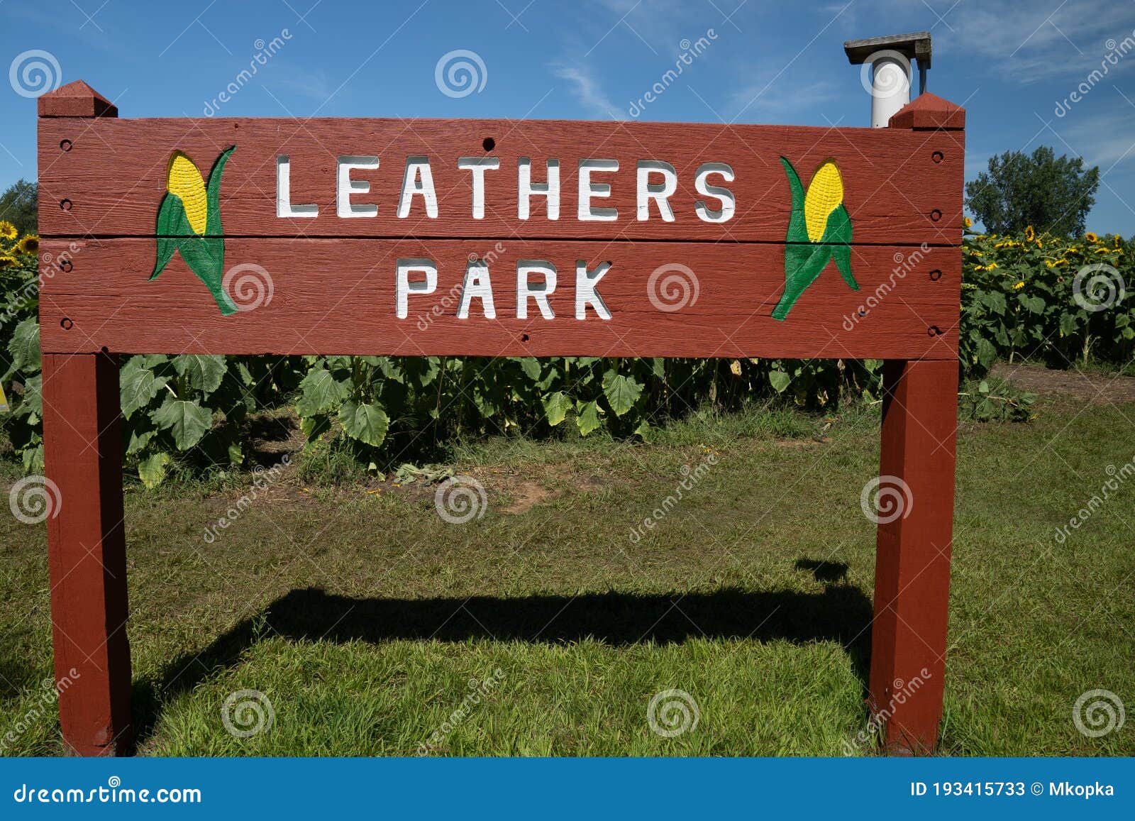 sign for leathers park, in suburban minneapolis, a park with sunflowers and corn