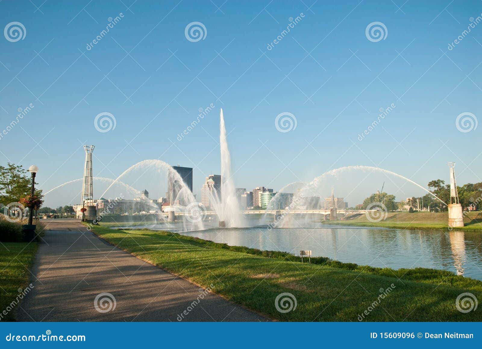 Dayton Riverscape Fountains Stock Photo Image of morning, water 15609096