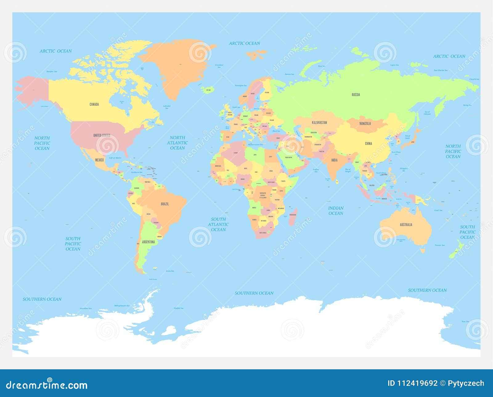 De De Wereldkaart Gekleurde Politieke Kaart Met Blauwe Overzees En Oceanen Vector Illustratie Vector Illustratie - Illustration of illustratie, gedetailleerd: