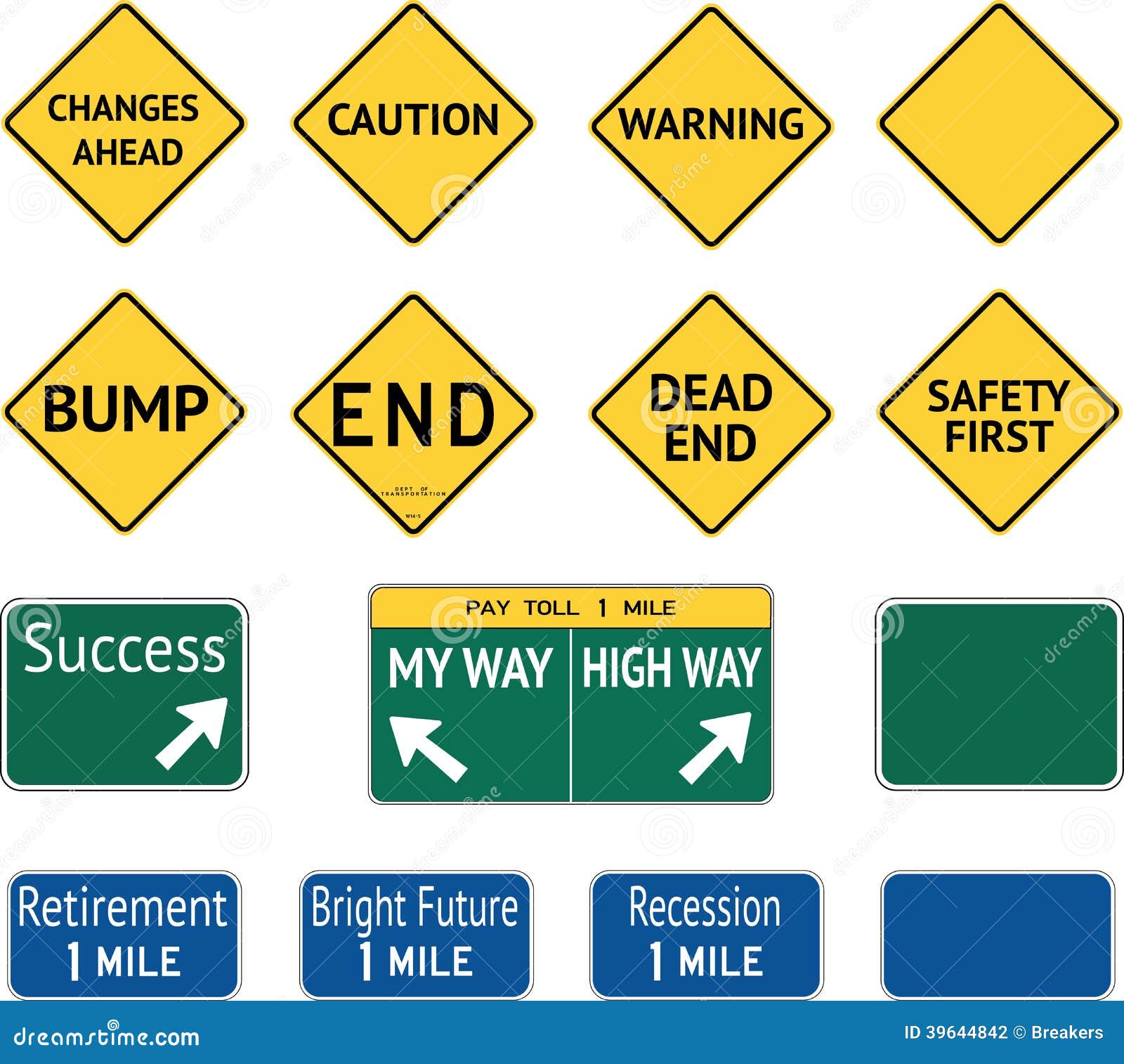 De Berichten van het wegwaarschuwingsbord. Wegwaarschuwingsborden van veranderingen vooruit, voorzichtigheid, waarschuwing, buil, eind, impasse, veiligheid eerst, succes, mijn manier of hoge manier, pensionering, rooskleurige toekomst en recessie.