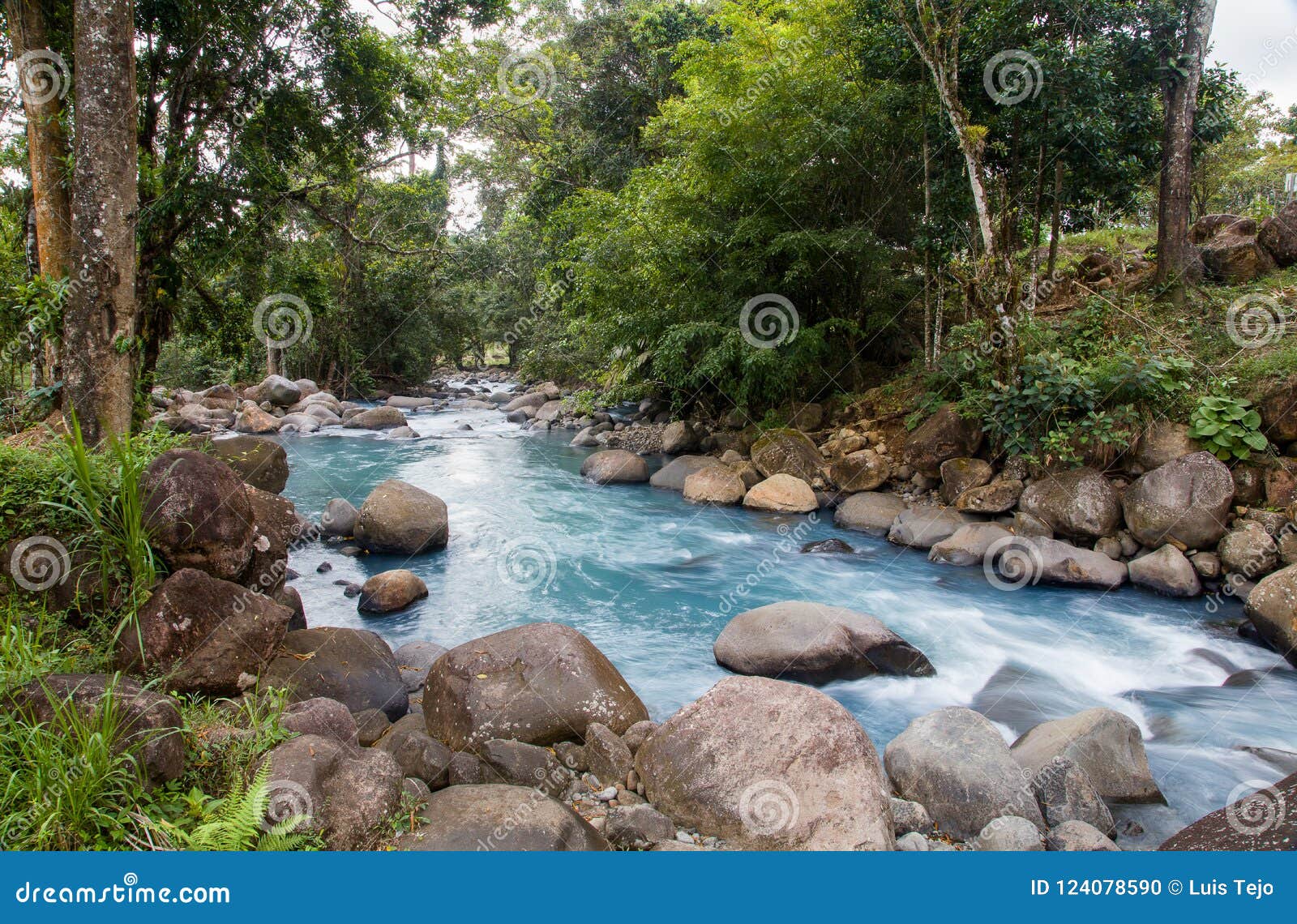 De Celeste-rivier in Costa Rica. De Celeste-rivier in Tenorio Volcano National Park van Costa Rica wordt gevestigd dat