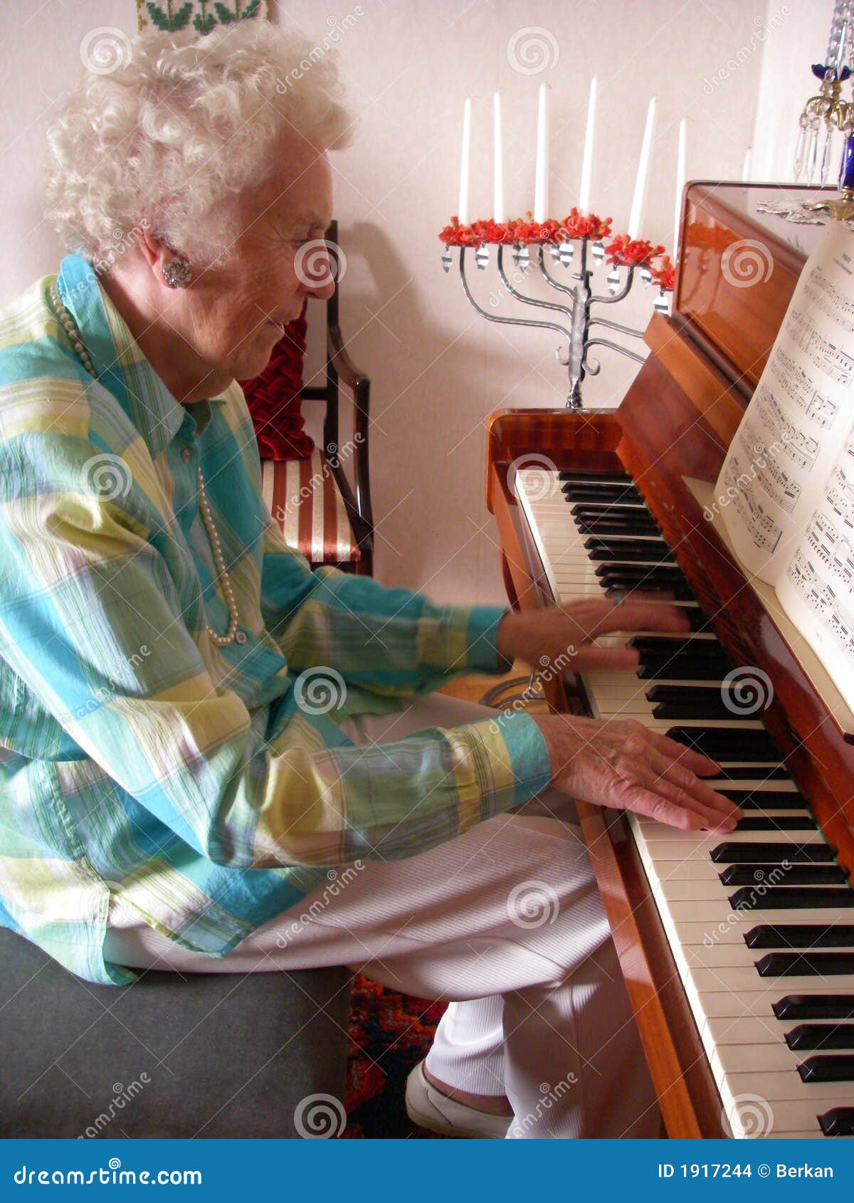 De Dame van de piano. Portret van hogere vrouw het spelen piano