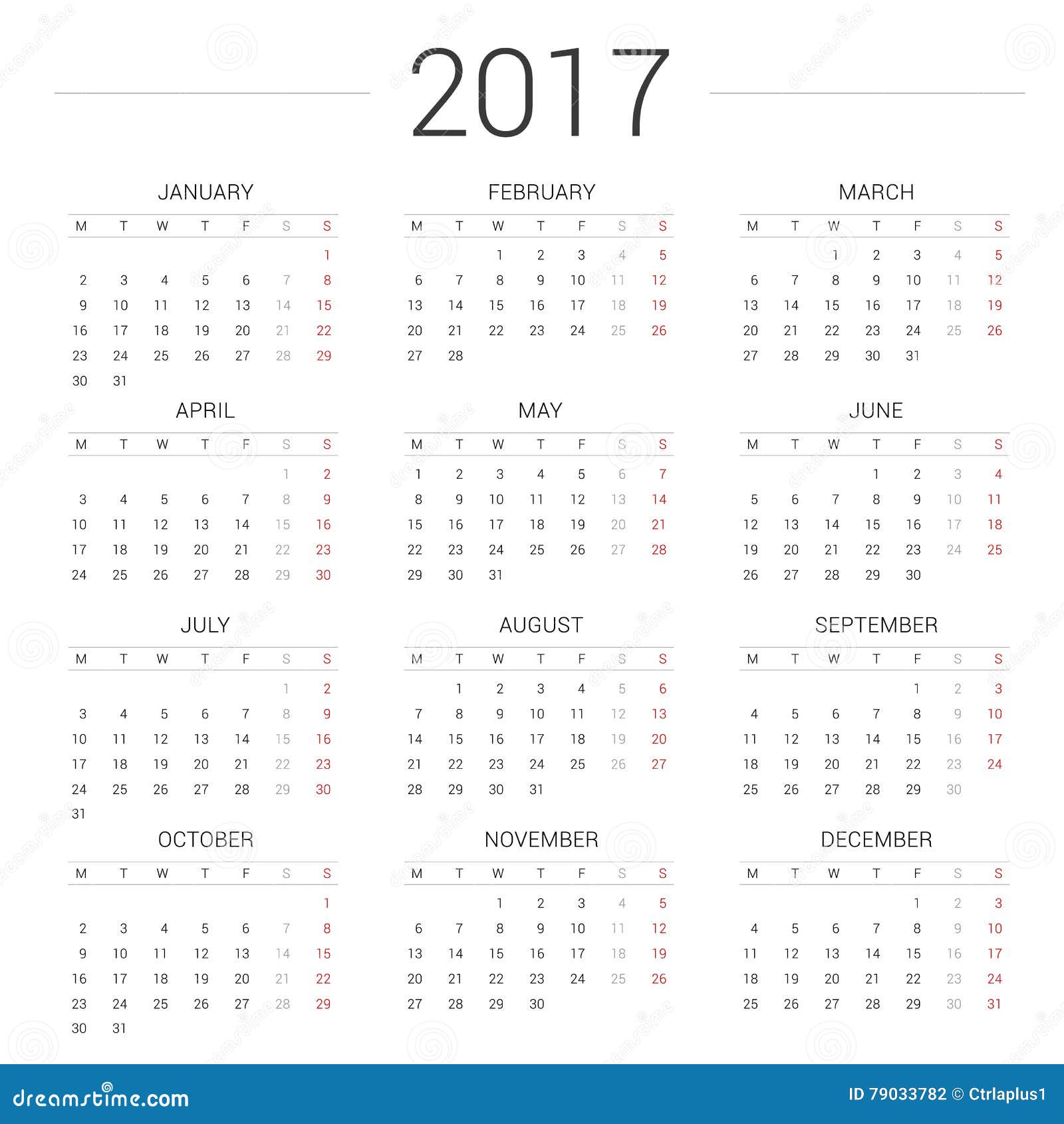 De Eenvoudige Stijl Van Het Kalender 2017 Jaar De Week Begint Maandag Vector Illustratie - Illustration Of Organisator, Creatief: 79033782