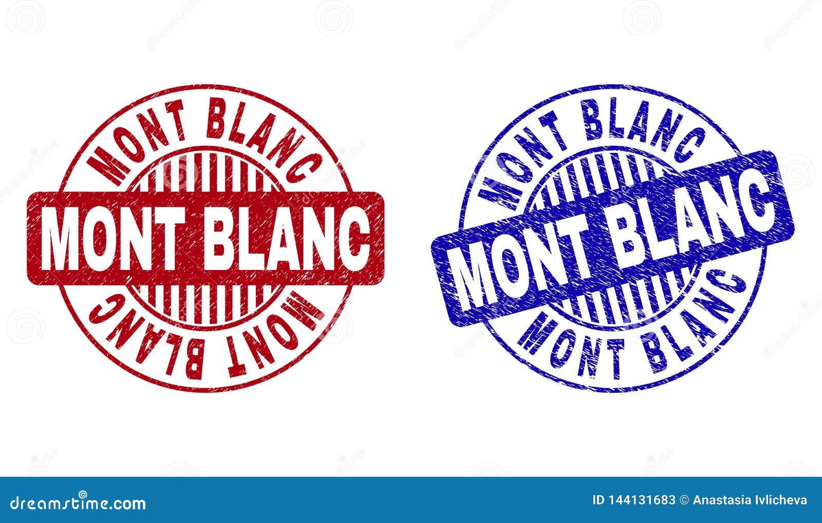 De Geweven Ronde Zegels van Grungemont blanc. Grunge MONT BLANC om zegelverbindingen die op een witte achtergrond worden geïsoleerd Ronde verbindingen met grungetextuur in rode en blauwe kleuren Vector rubberimitatie van MONT BLANC-tekst binnen cirkelvorm met strepen