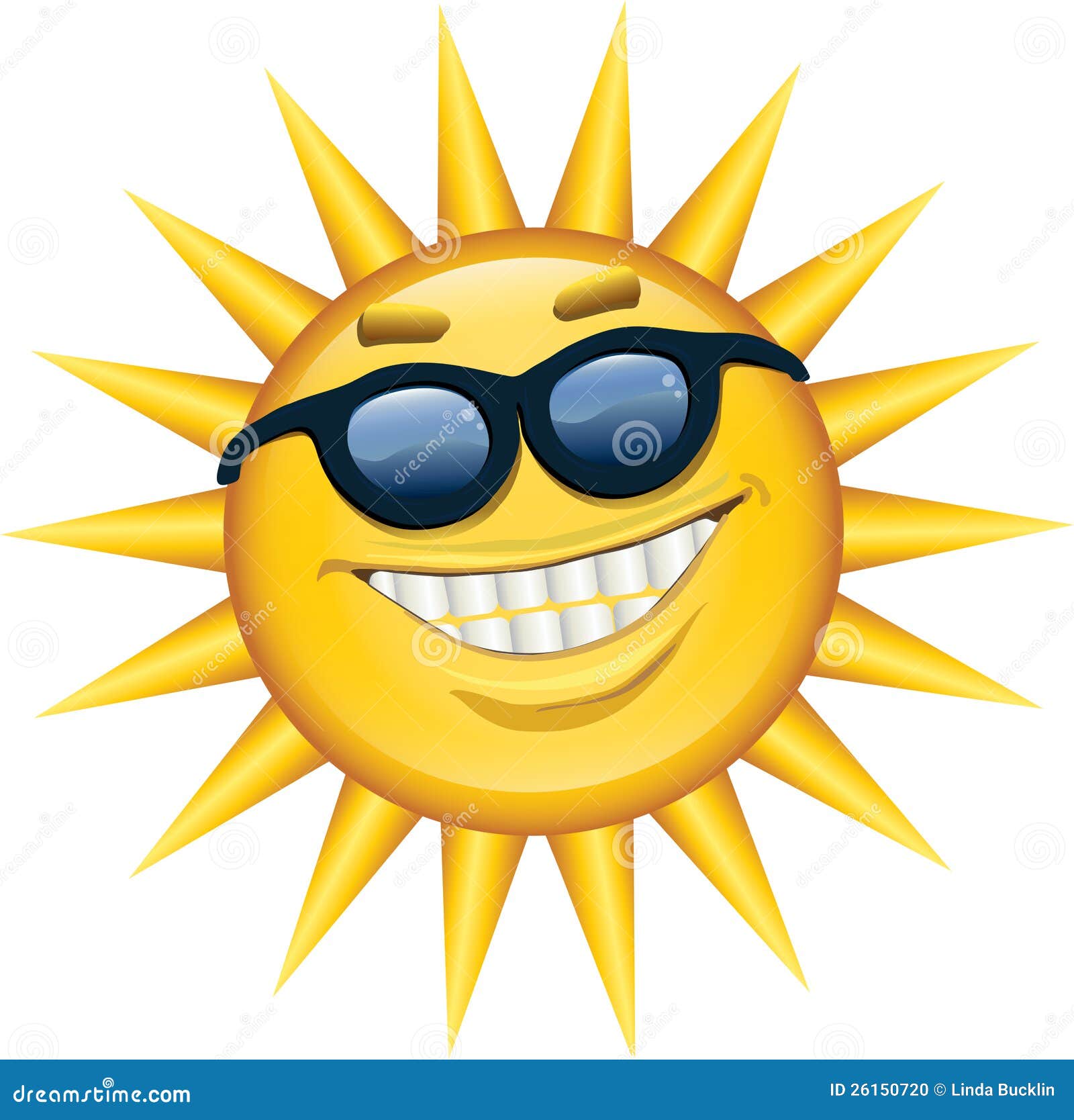 De Glimlach van de zonneschijn. Een gelukkige vrolijke het glimlachen zon die zonnebril draagt.