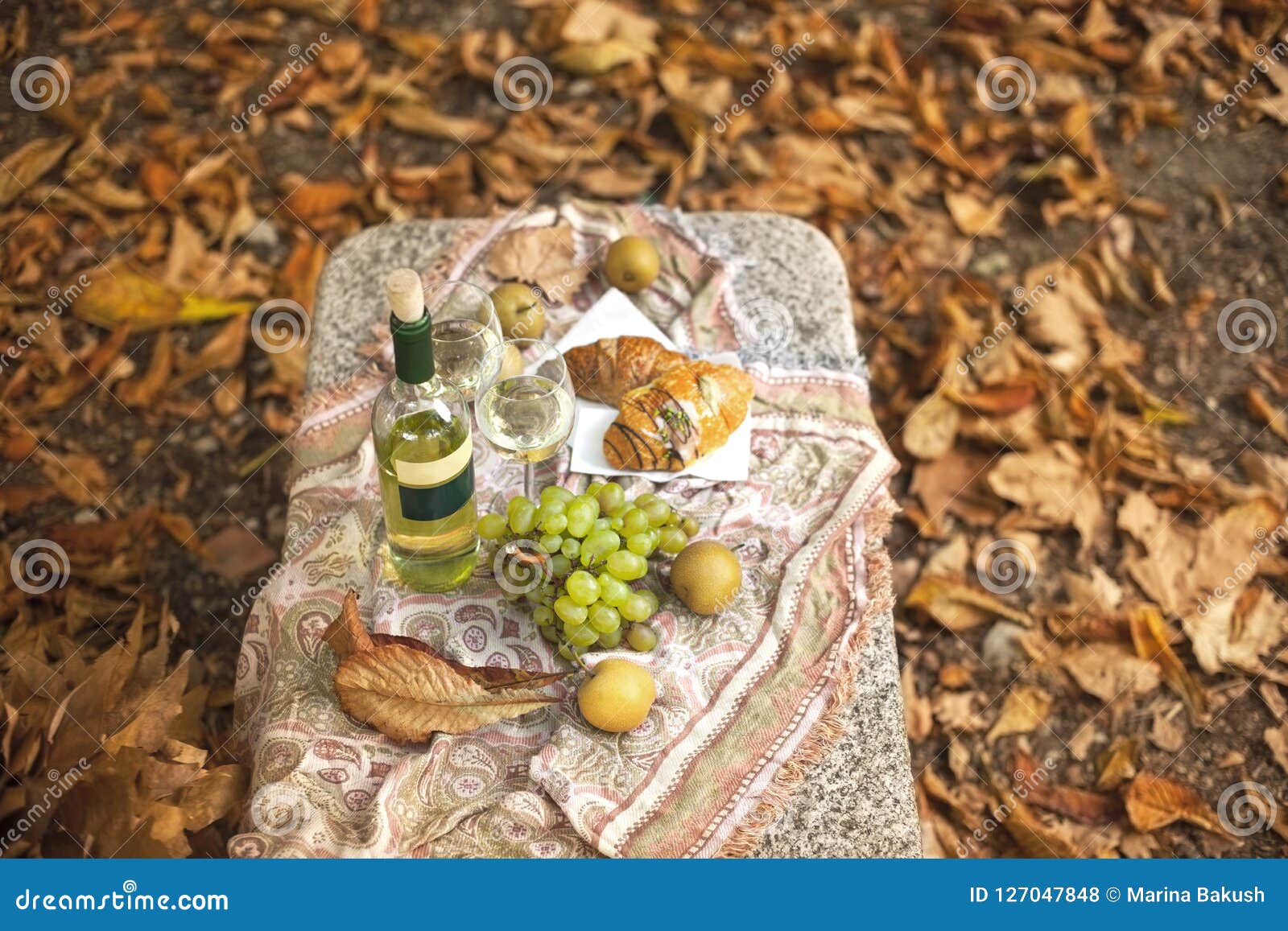 De Gouden Herfst En Bladeren in Het Picknick Met Wijn En En De Herfstvruchten Romantische Avond Exemplaarruimte, Stock Foto - Image of picknick: 127047848