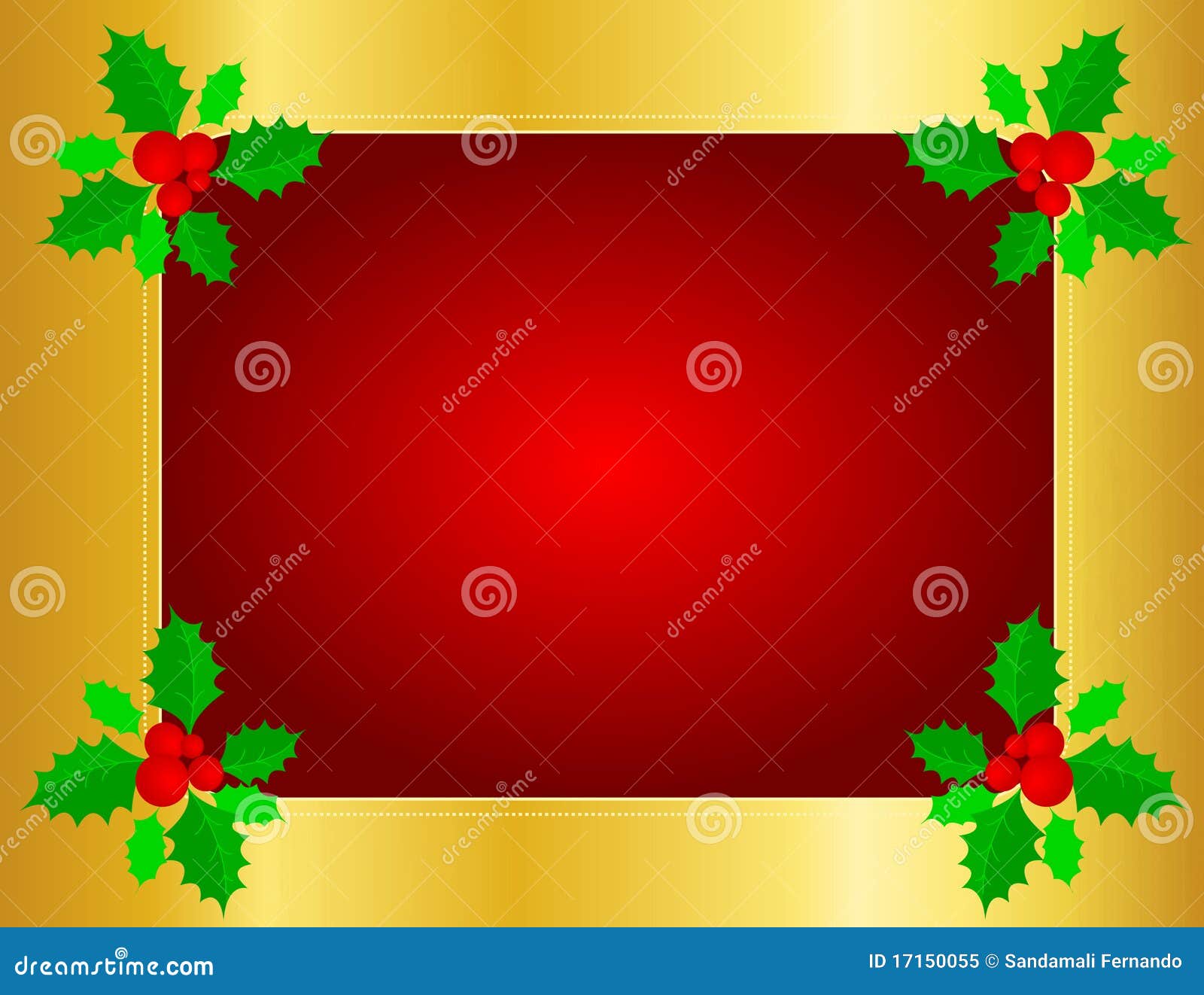 De grens van Kerstmis. De achtergrond van de de hulstgrens van Kerstmis met hulstbladeren, bessen en gouden linten