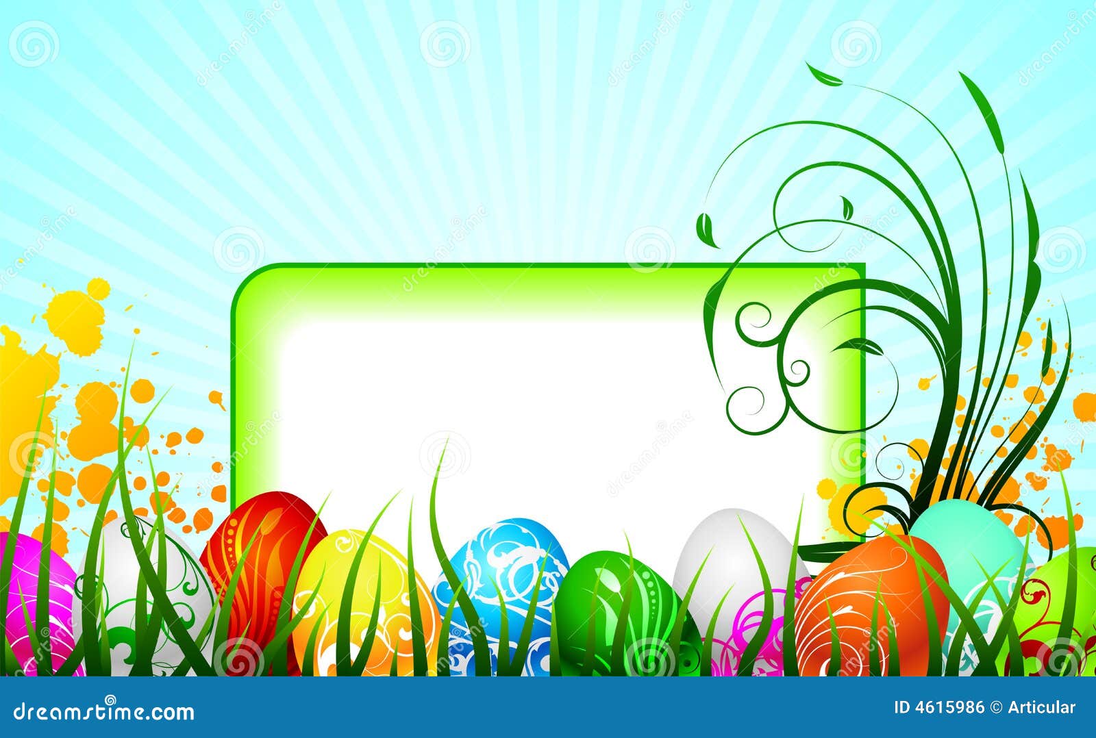 De groetkaart van Pasen met geschilderde eieren op de lenteachtergrond
