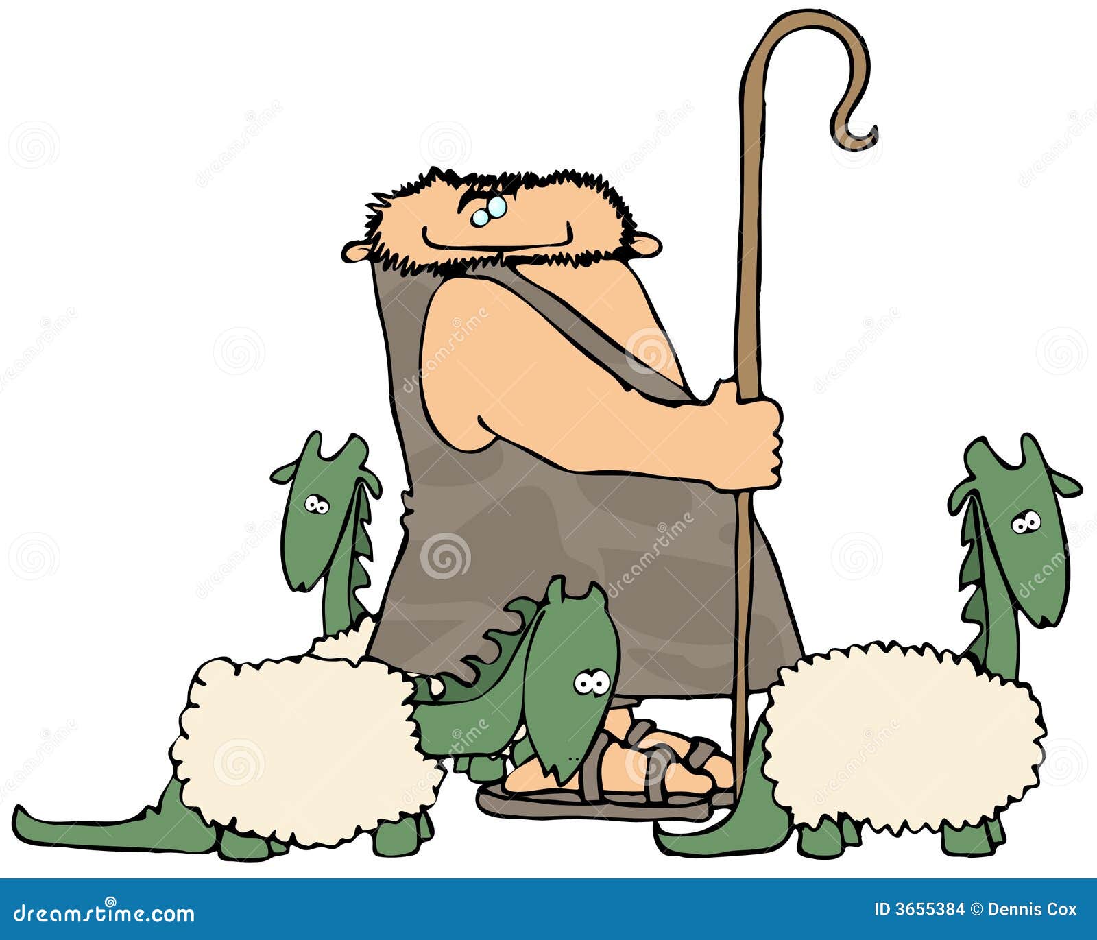 De Herder van de holbewoner. Deze illustratie schildert een holbewoner af die drie kleine dinosaurussen met wollige lagen shepherding.